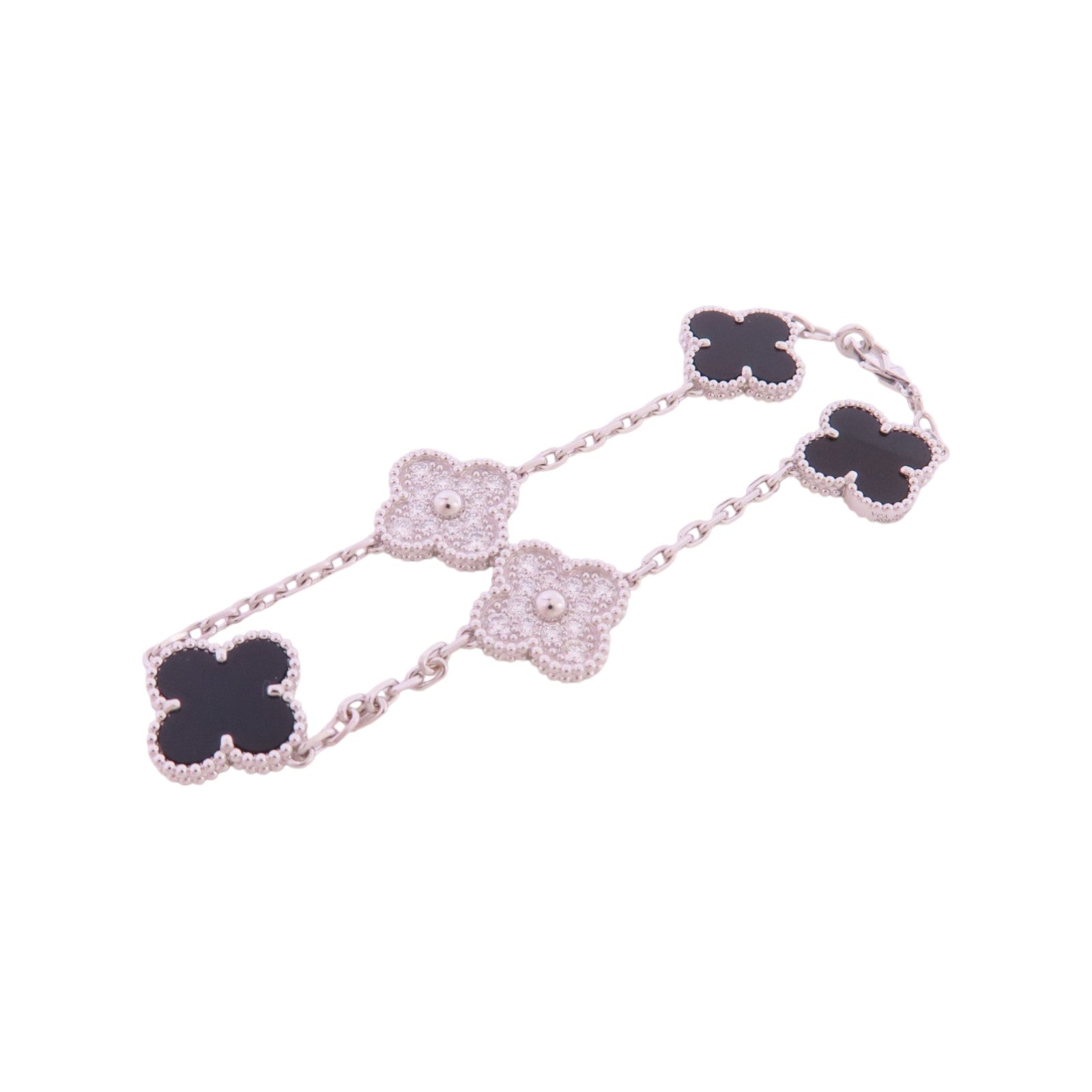 Van Cleef & Arpels 18K白金Vintage Alhambra Bracelet鑽石/縞瑪瑙手鏈