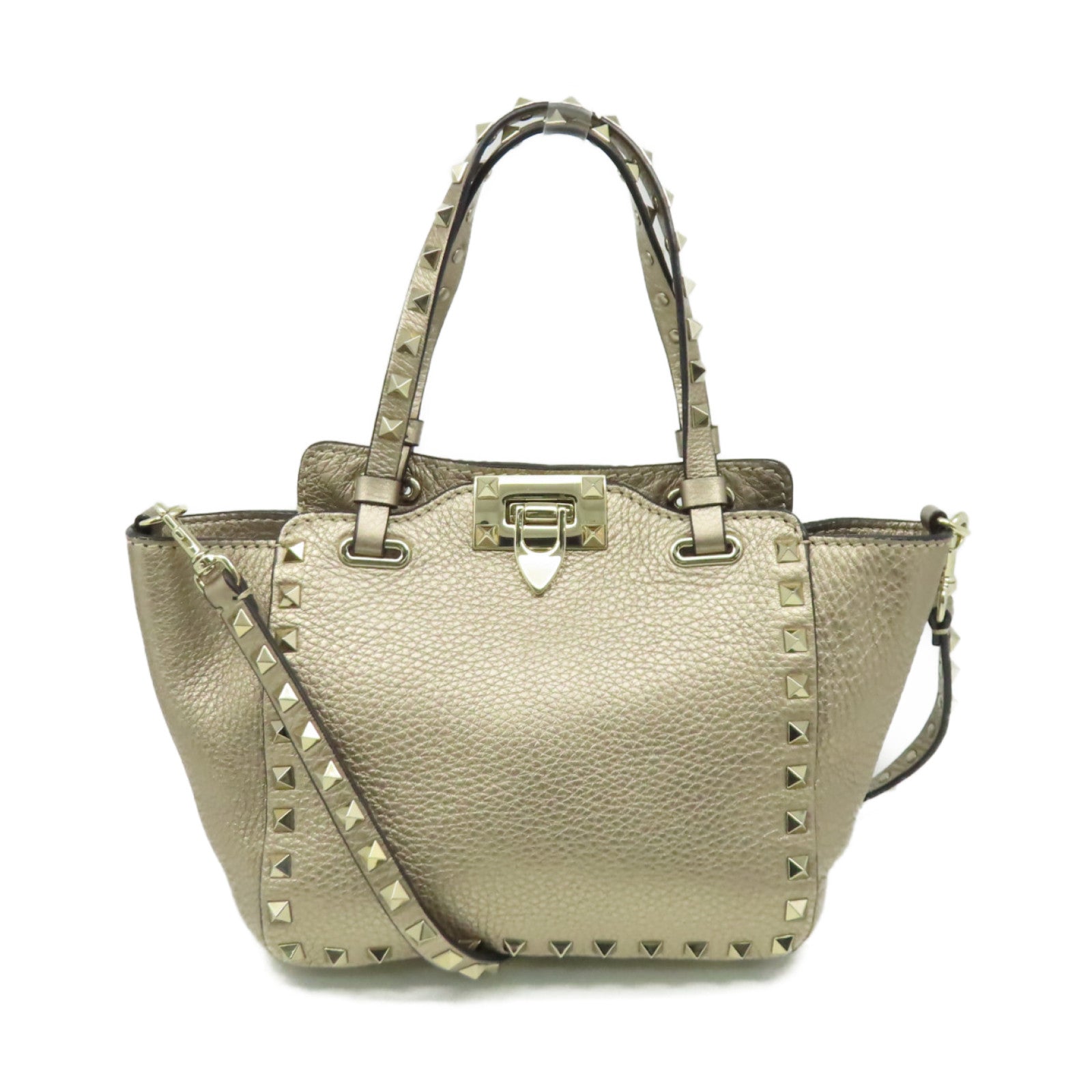 Valentino 【激減優惠】牛皮皮革Rockstud 2Way Shoulder Bag金扣手挽肩背兩用袋香檳金色