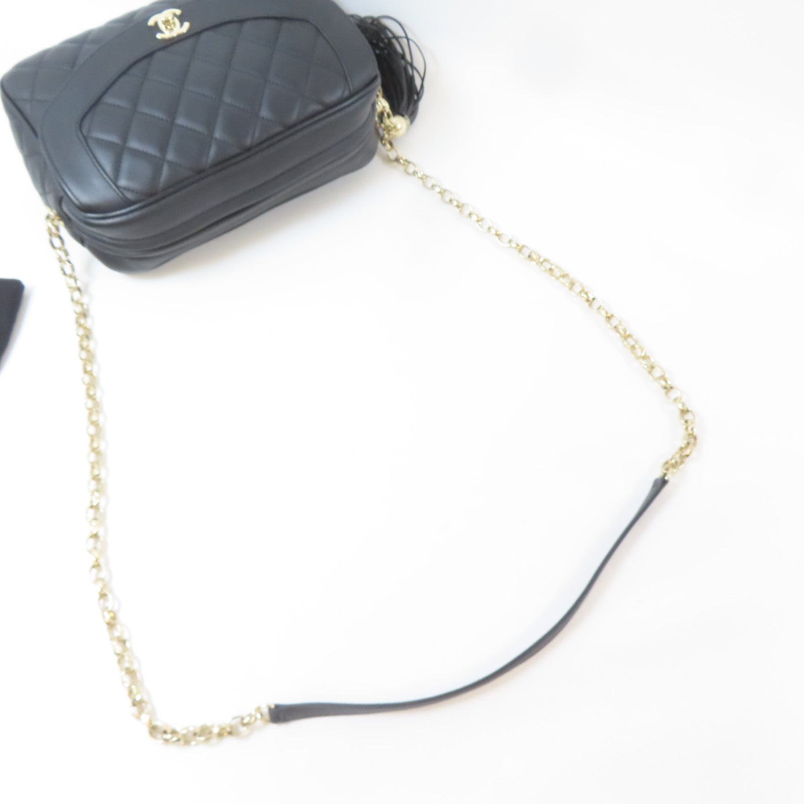 CHANEL 菱格羊皮皮革Chain Shoulder Bag金扣鏈帶肩背袋黑色