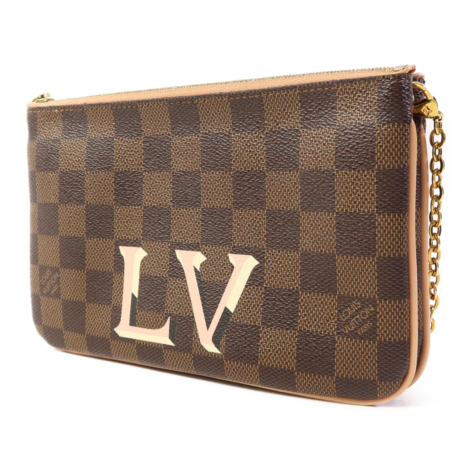 LOUIS VUITTON Damier Double Zip Pochette金扣鏈帶肩背袋