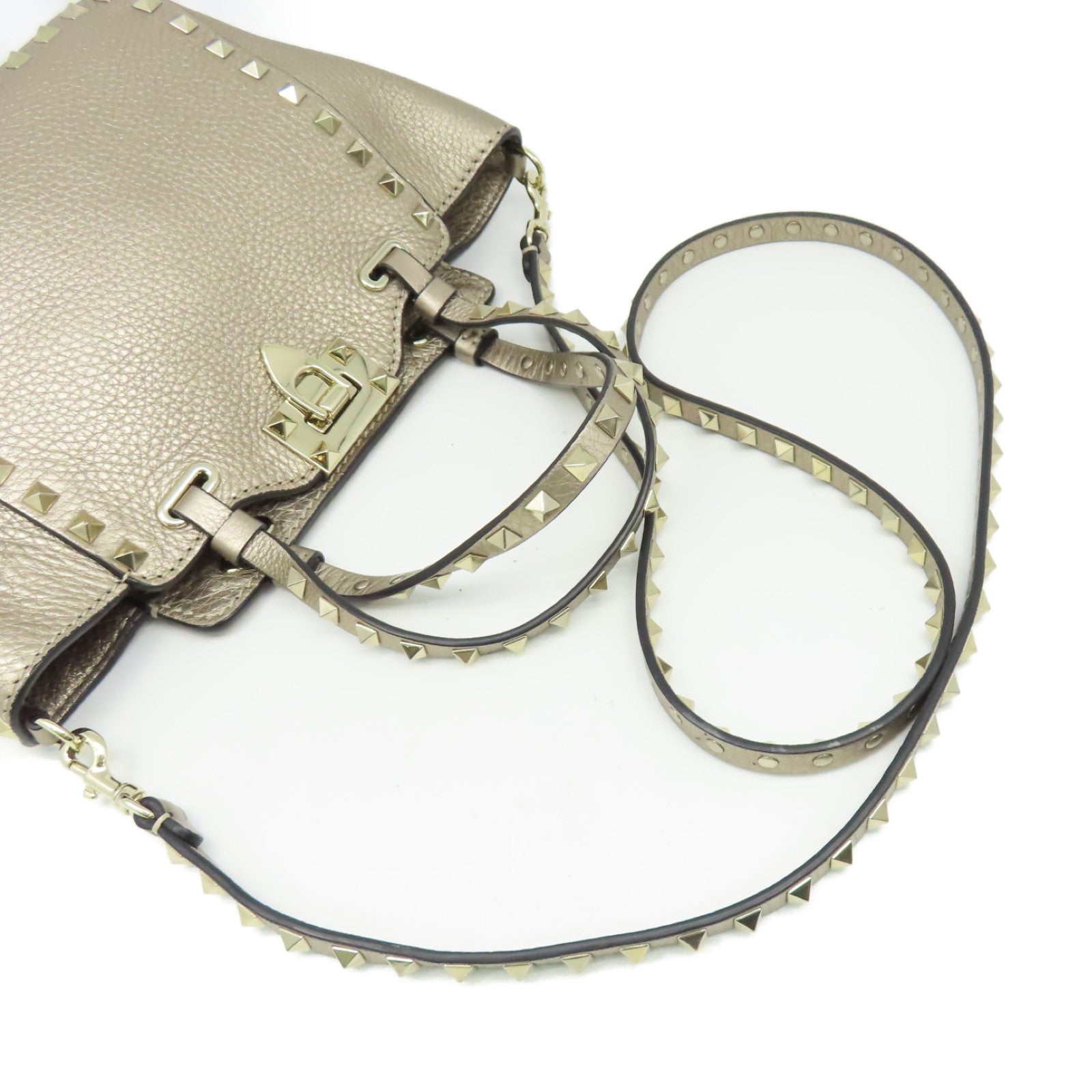 Valentino 【激減優惠】牛皮皮革Rockstud 2Way Shoulder Bag金扣手挽肩背兩用袋香檳金色