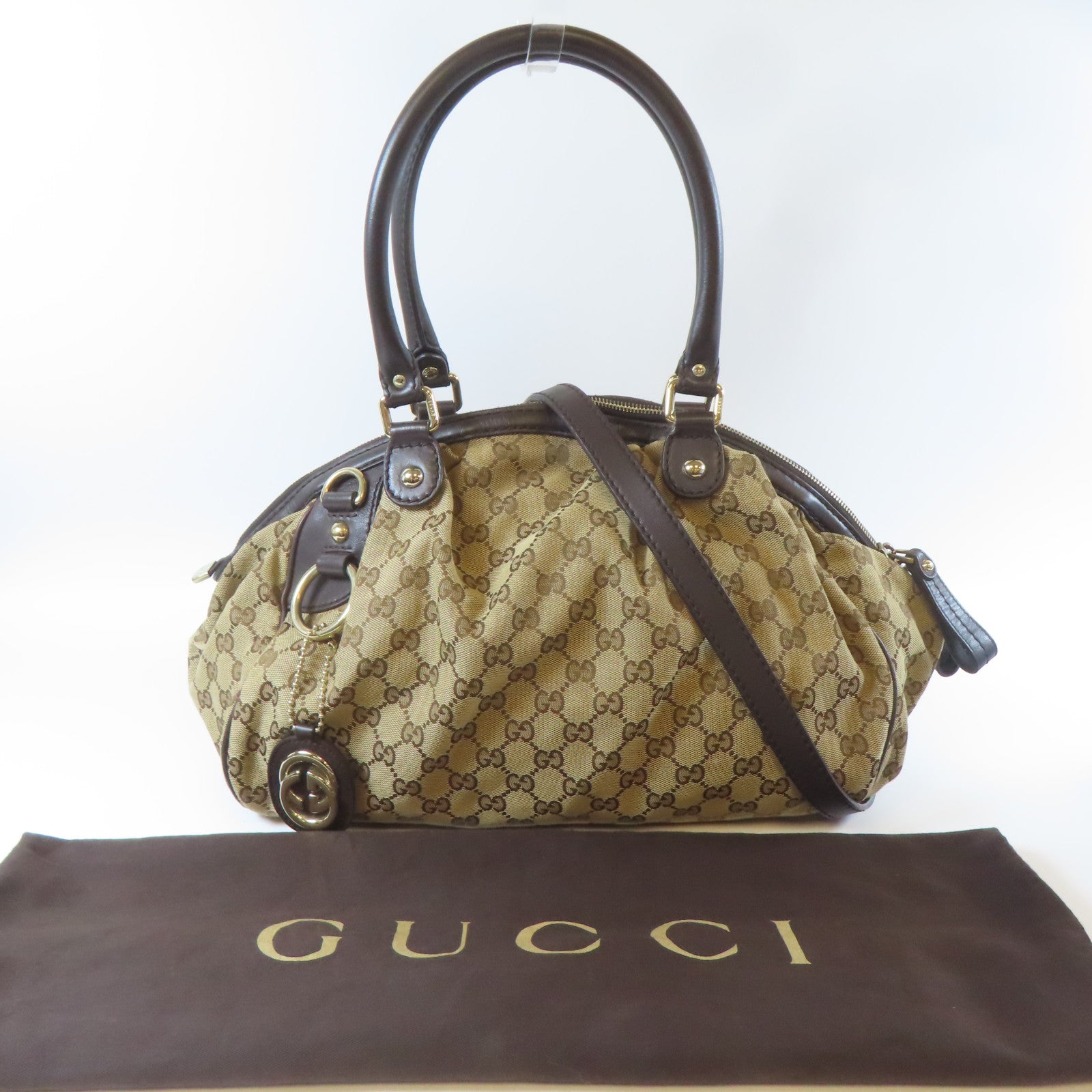 GUCCI 【激減優惠】帆布Sukey Boston Bag金扣手挽肩背兩用袋啡色