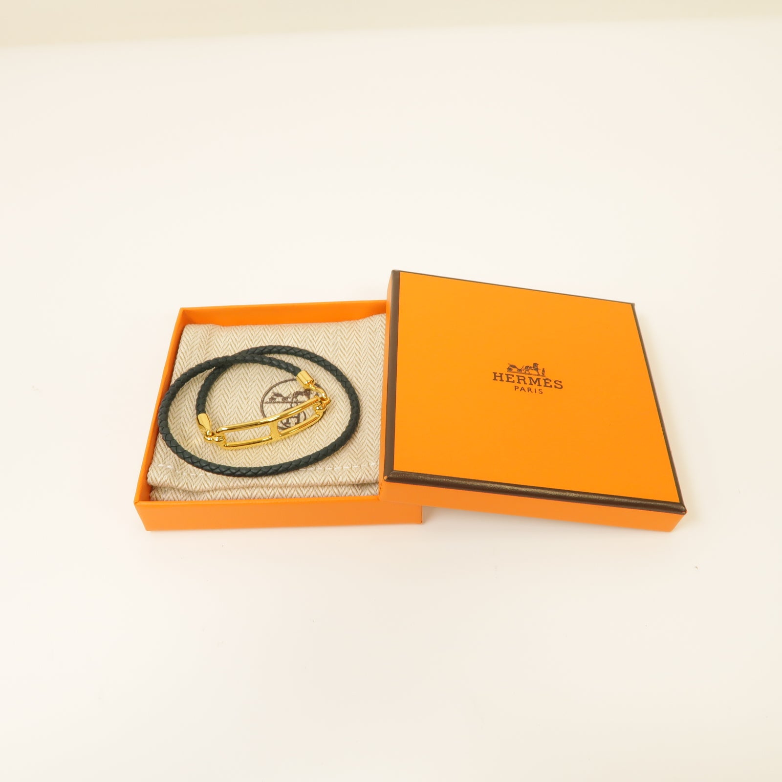 HERMES 牛皮皮革/金屬Roulis Double Tour Bracelet手鏈墨緑色/金色