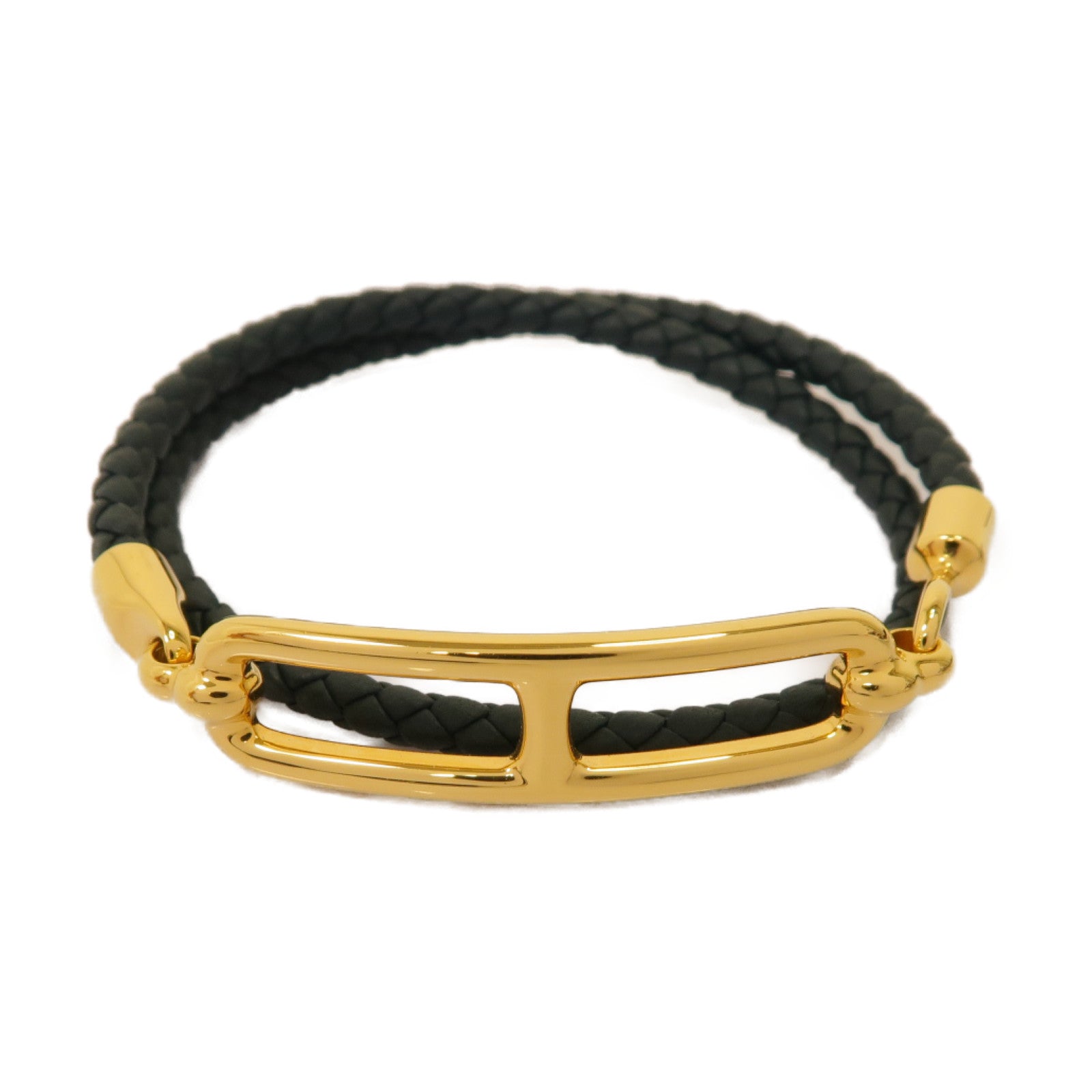 HERMES 牛皮皮革/金屬Roulis Double Tour Bracelet手鏈墨緑色/金色