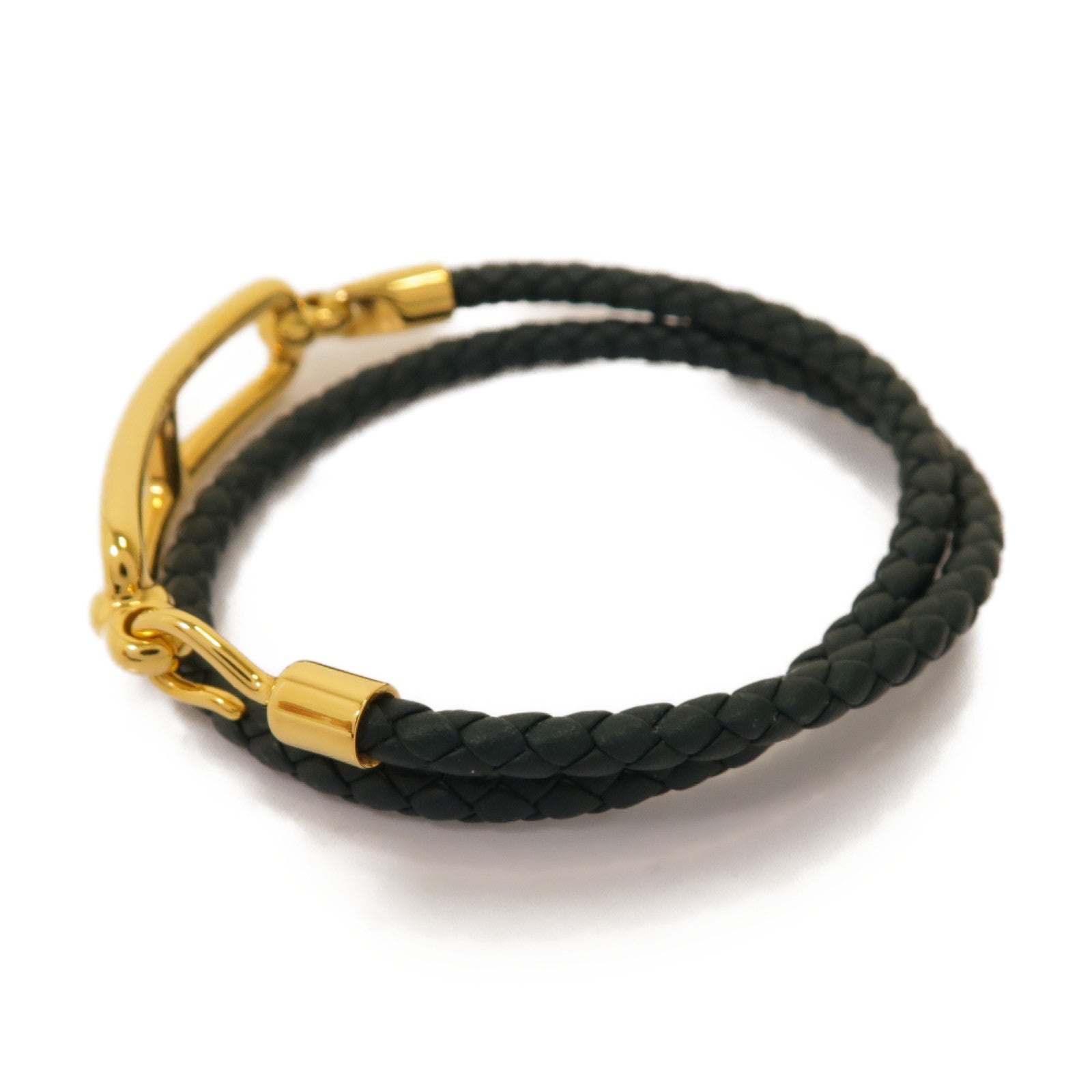 HERMES 牛皮皮革/金屬Roulis Double Tour Bracelet手鏈墨緑色/金色