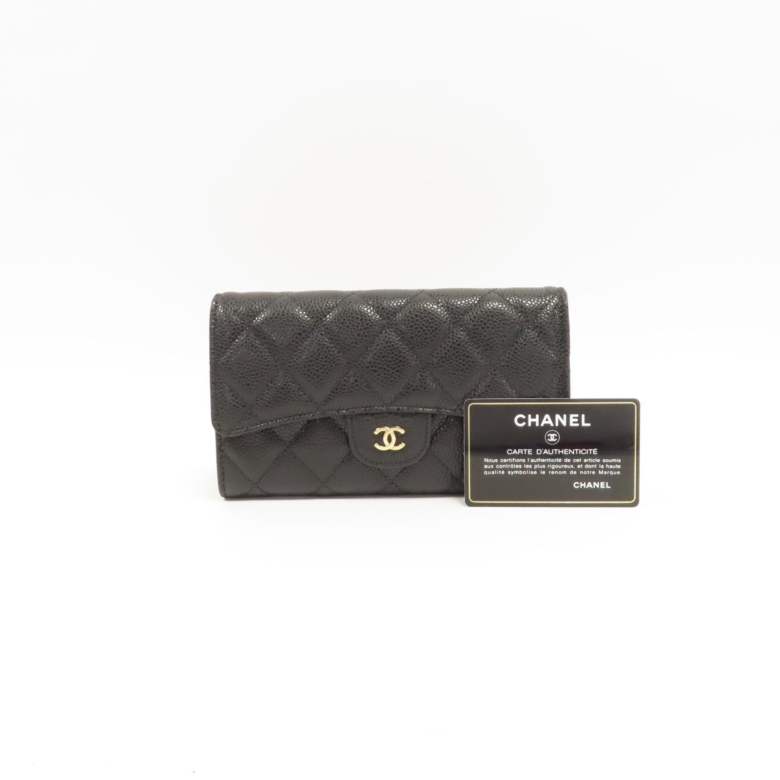 CHANEL 菱格牛皮皮革Wallet金扣長錢包黑色