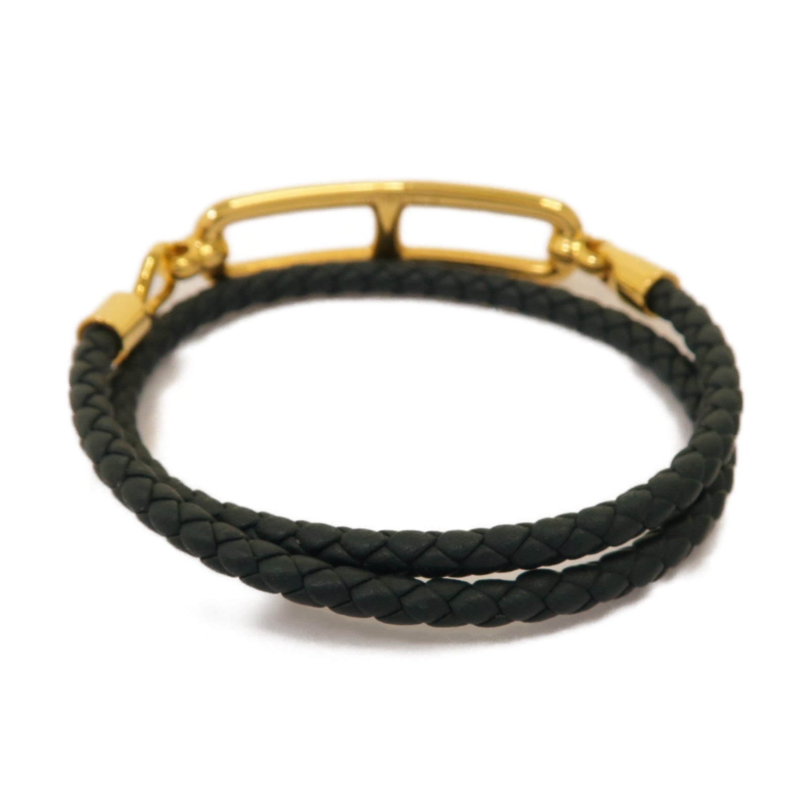 HERMES 牛皮皮革/金屬Roulis Double Tour Bracelet手鏈墨緑色/金色
