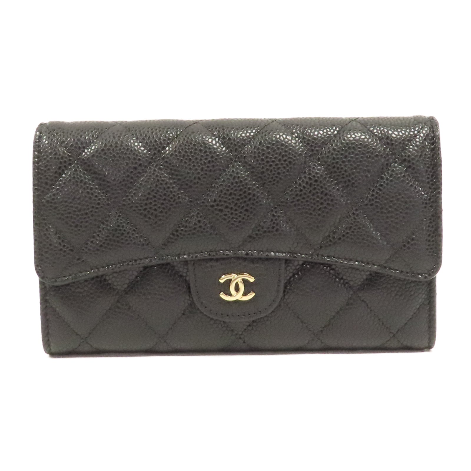 CHANEL 菱格牛皮皮革Wallet金扣長錢包黑色