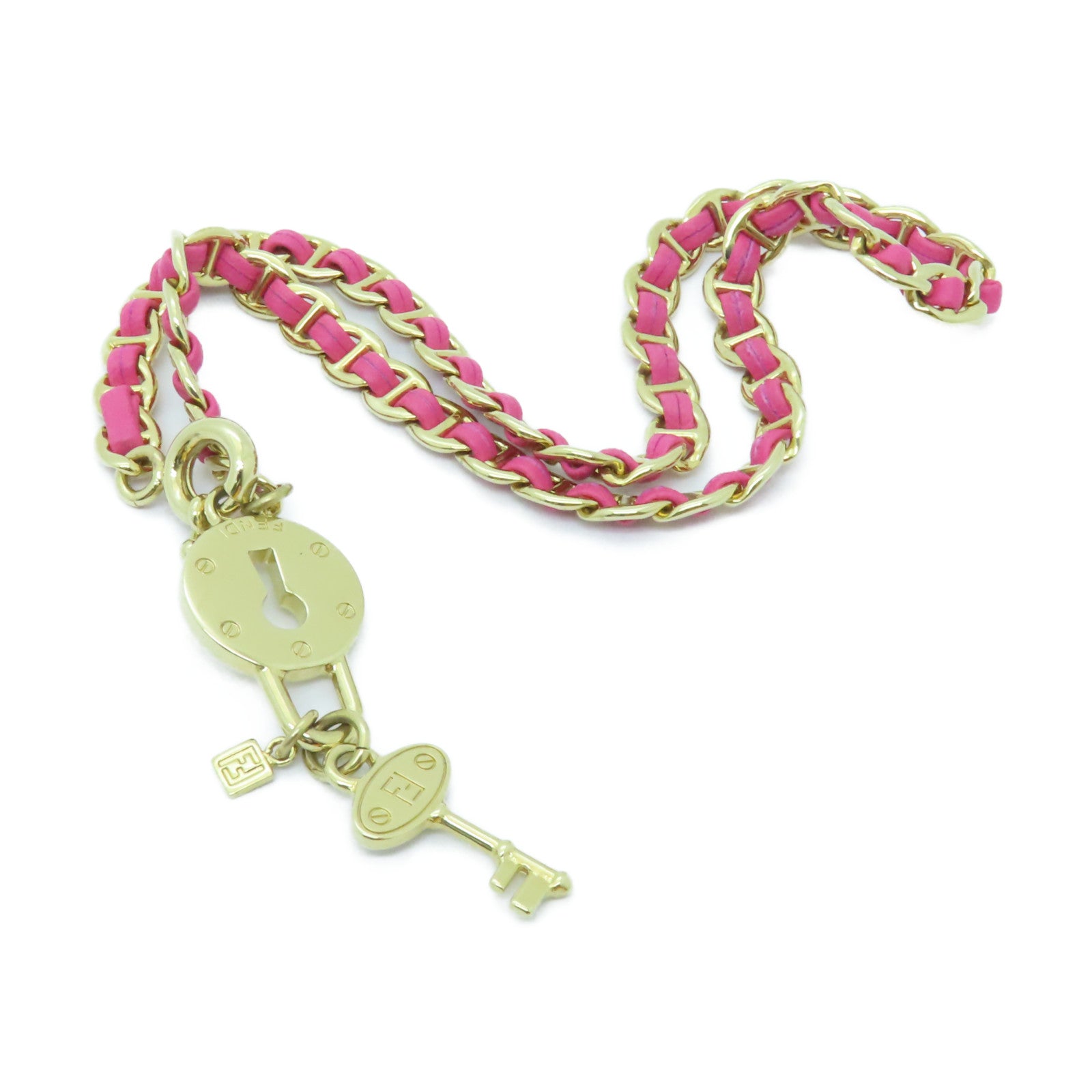 FENDI 【激減優惠】皮革/金屬Necklace金扣項鍊粉紅色/金色