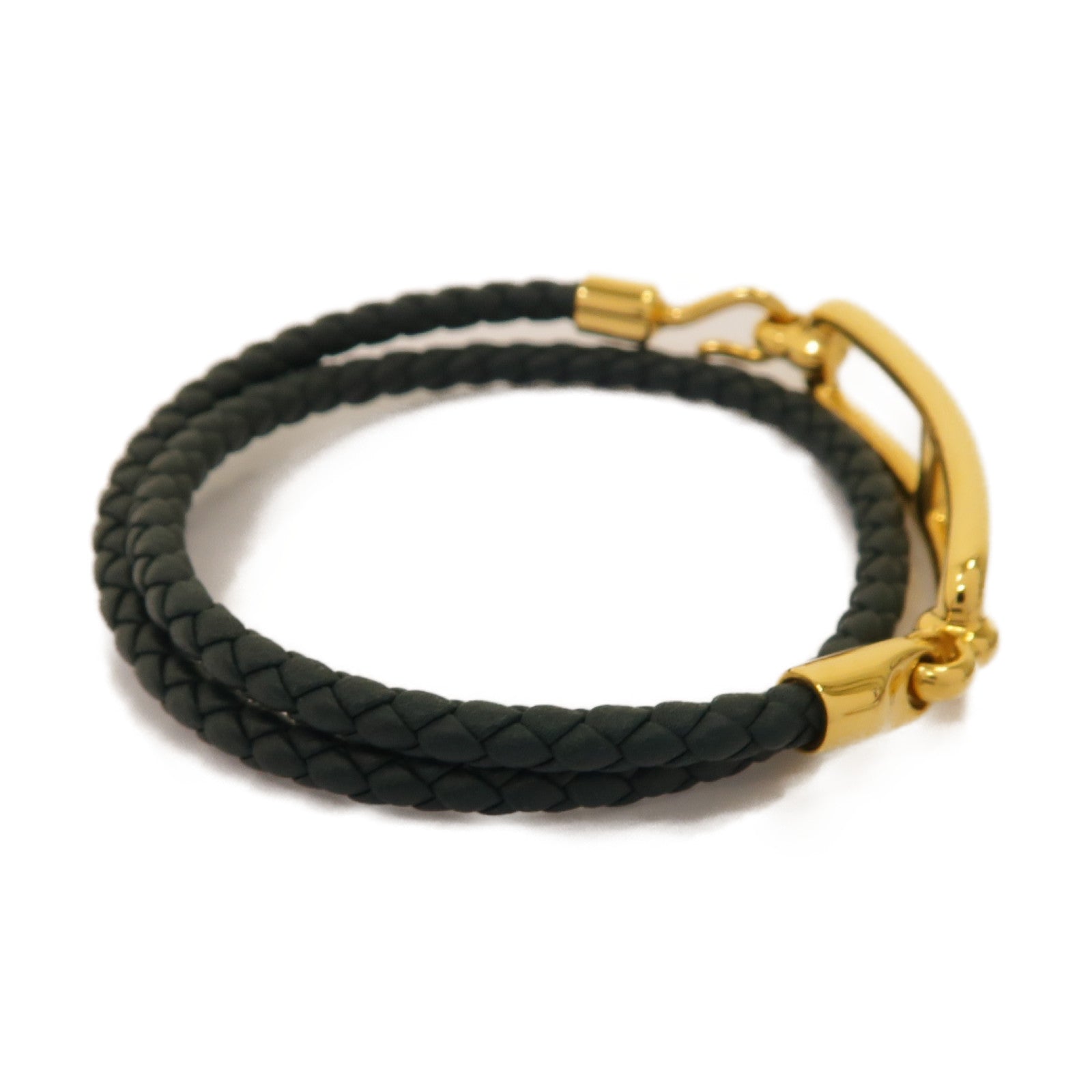 HERMES 牛皮皮革/金屬Roulis Double Tour Bracelet手鏈墨緑色/金色