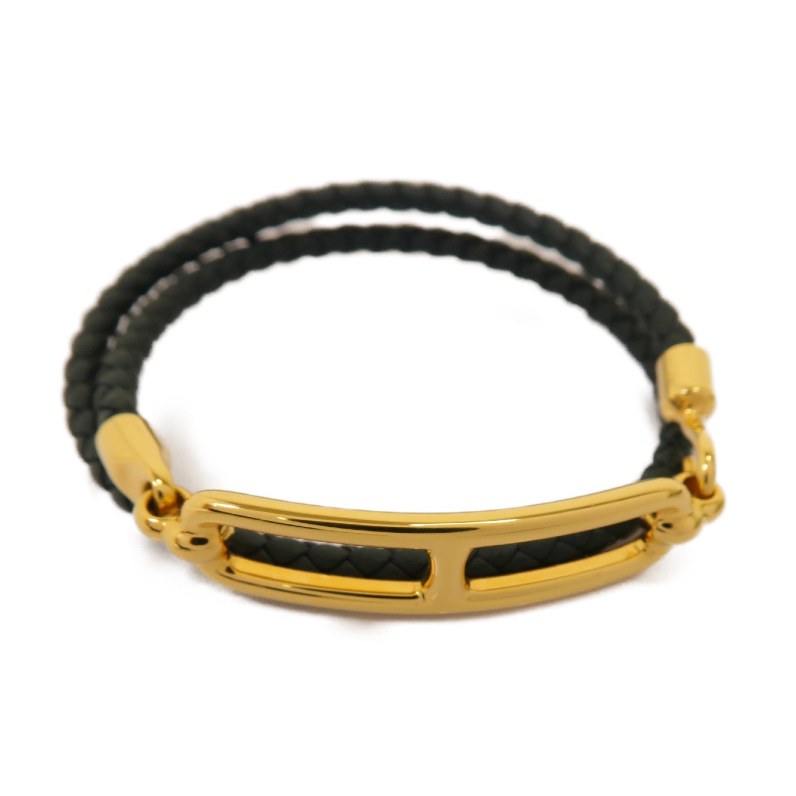 HERMES 牛皮皮革/金屬Roulis Double Tour Bracelet手鏈墨緑色/金色