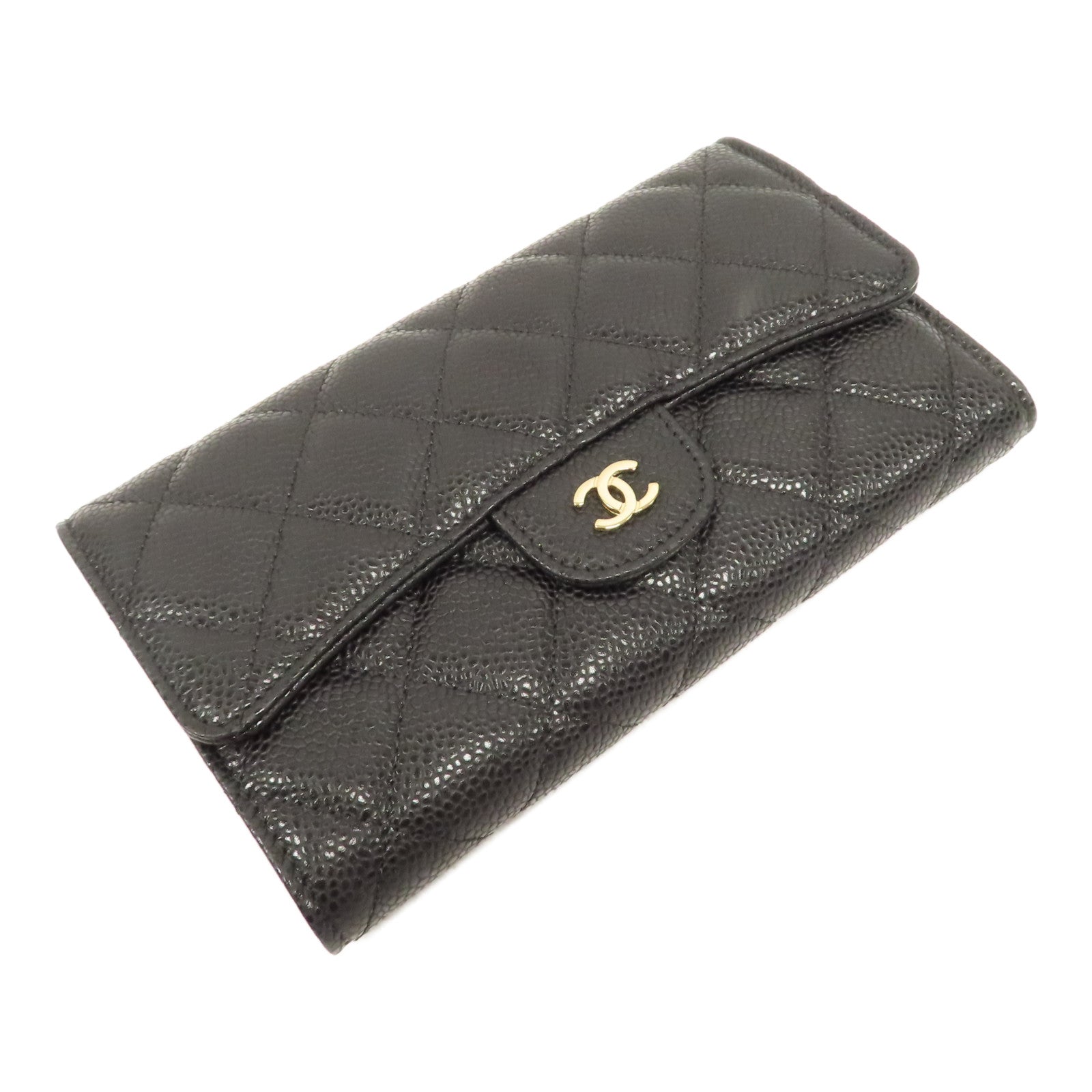 CHANEL 菱格牛皮皮革Wallet金扣長錢包黑色