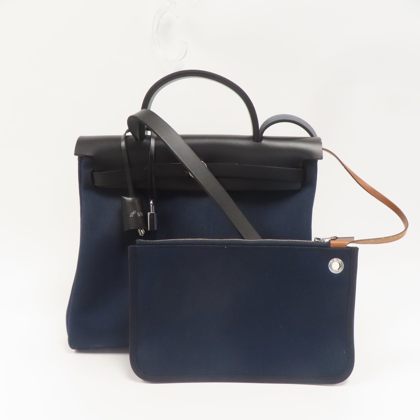 HERMES 【激減優惠】帆布Herbag PM銀扣手挽肩背兩用袋寶石藍色