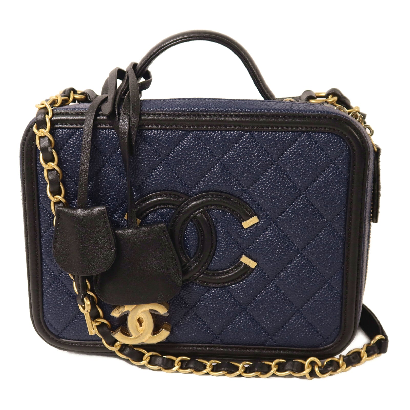 CHANEL 牛皮皮革Vanity Case金扣鏈帶手挽肩背兩用袋