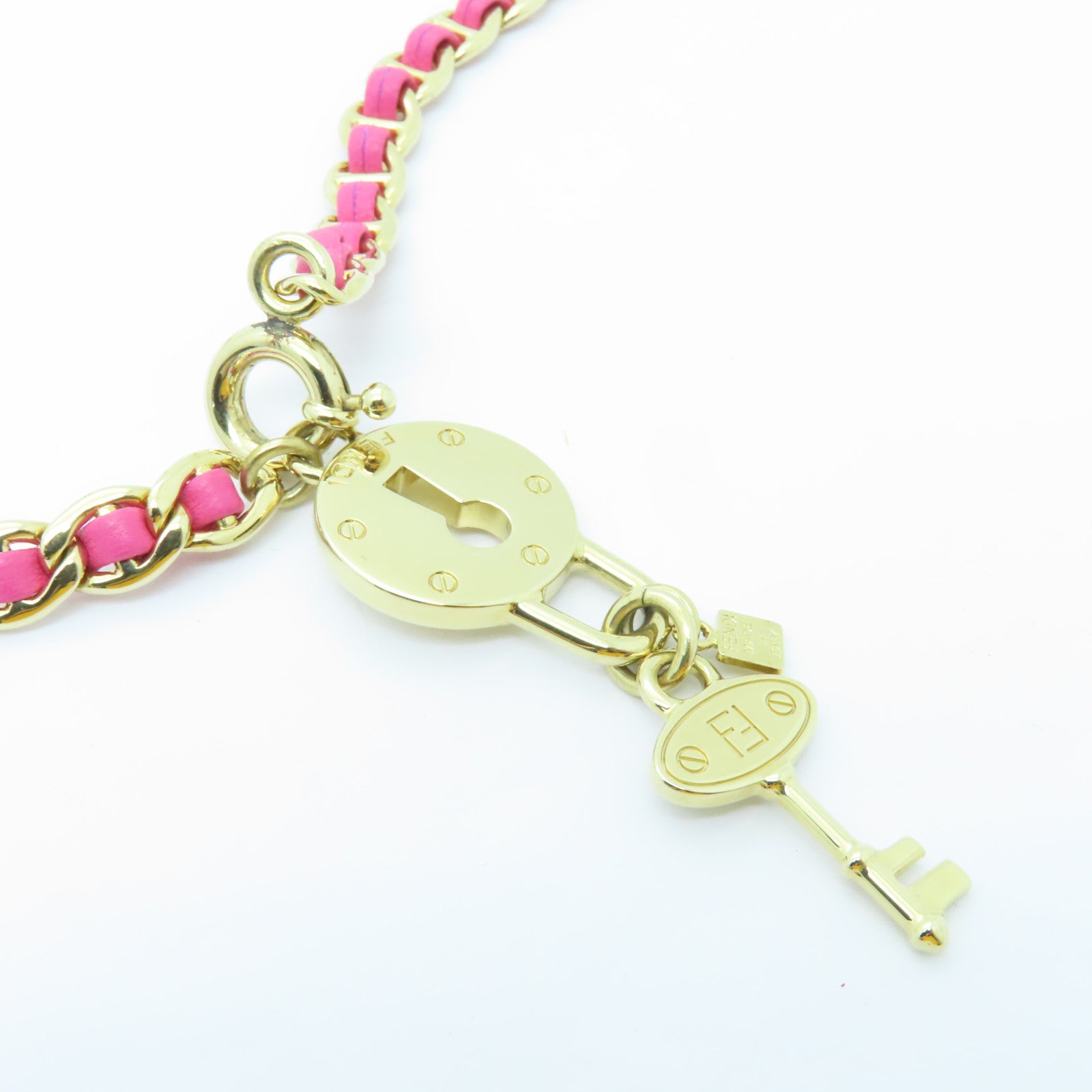 FENDI 【激減優惠】皮革/金屬Necklace金扣項鍊粉紅色/金色