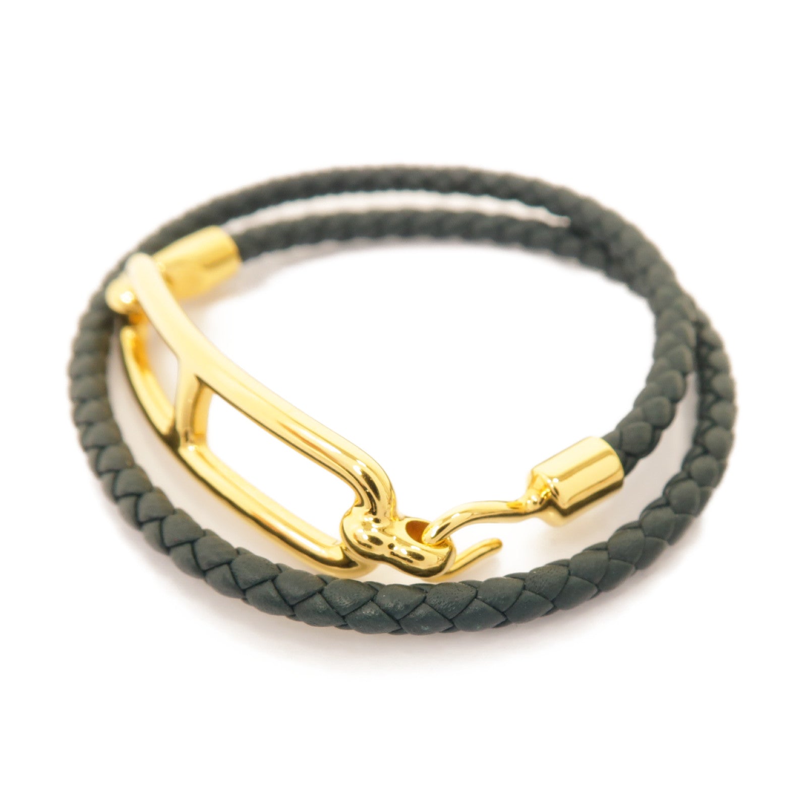 HERMES 牛皮皮革/金屬Roulis Double Tour Bracelet手鏈墨緑色/金色