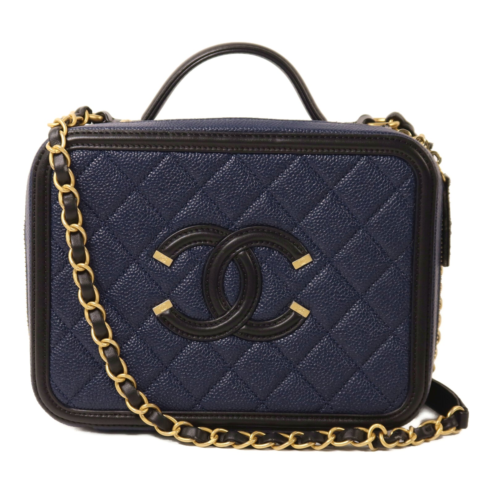 CHANEL 牛皮皮革Vanity Case金扣鏈帶手挽肩背兩用袋