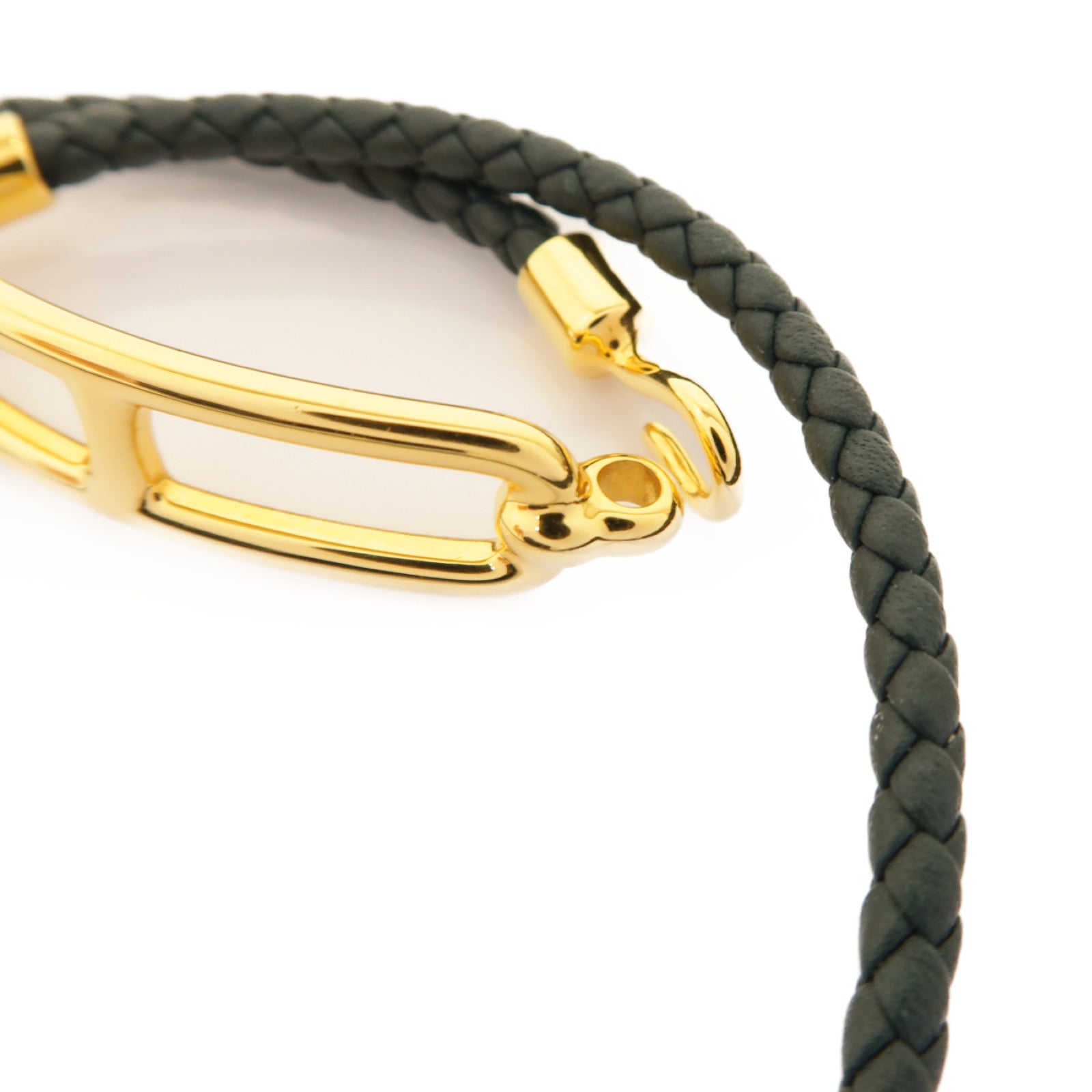 HERMES 牛皮皮革/金屬Roulis Double Tour Bracelet手鏈墨緑色/金色