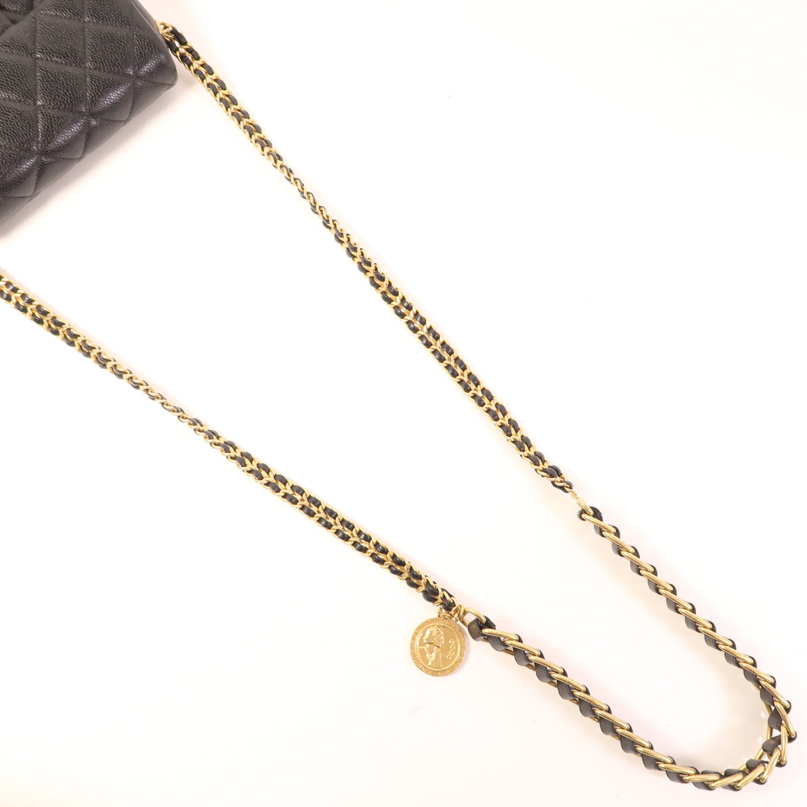 CHANEL 菱格牛皮皮革Chain Shoulder Bag金扣鏈帶肩背袋黑色