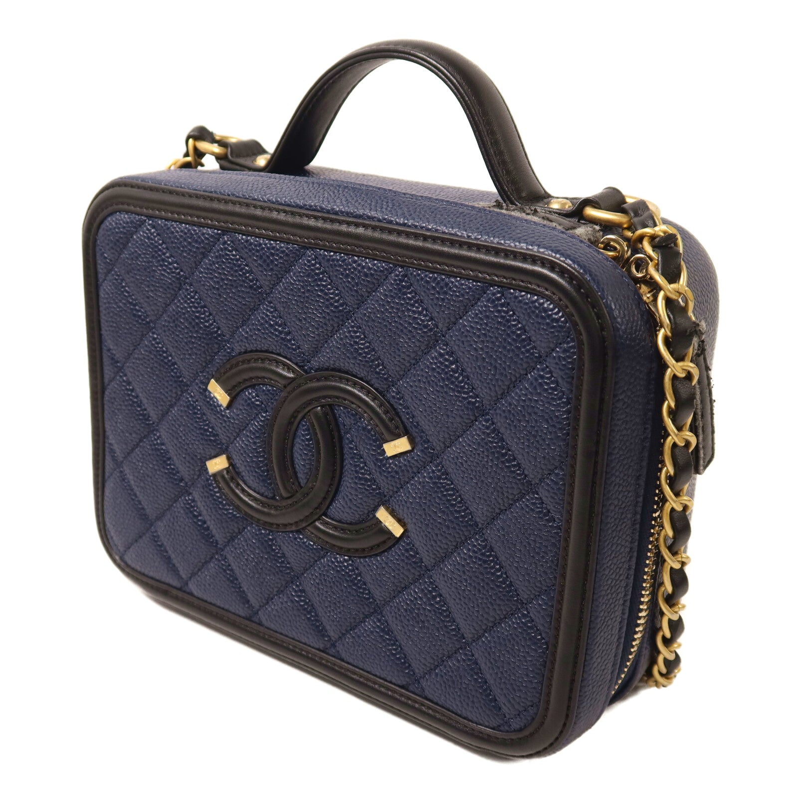 CHANEL 牛皮皮革Vanity Case金扣鏈帶手挽肩背兩用袋