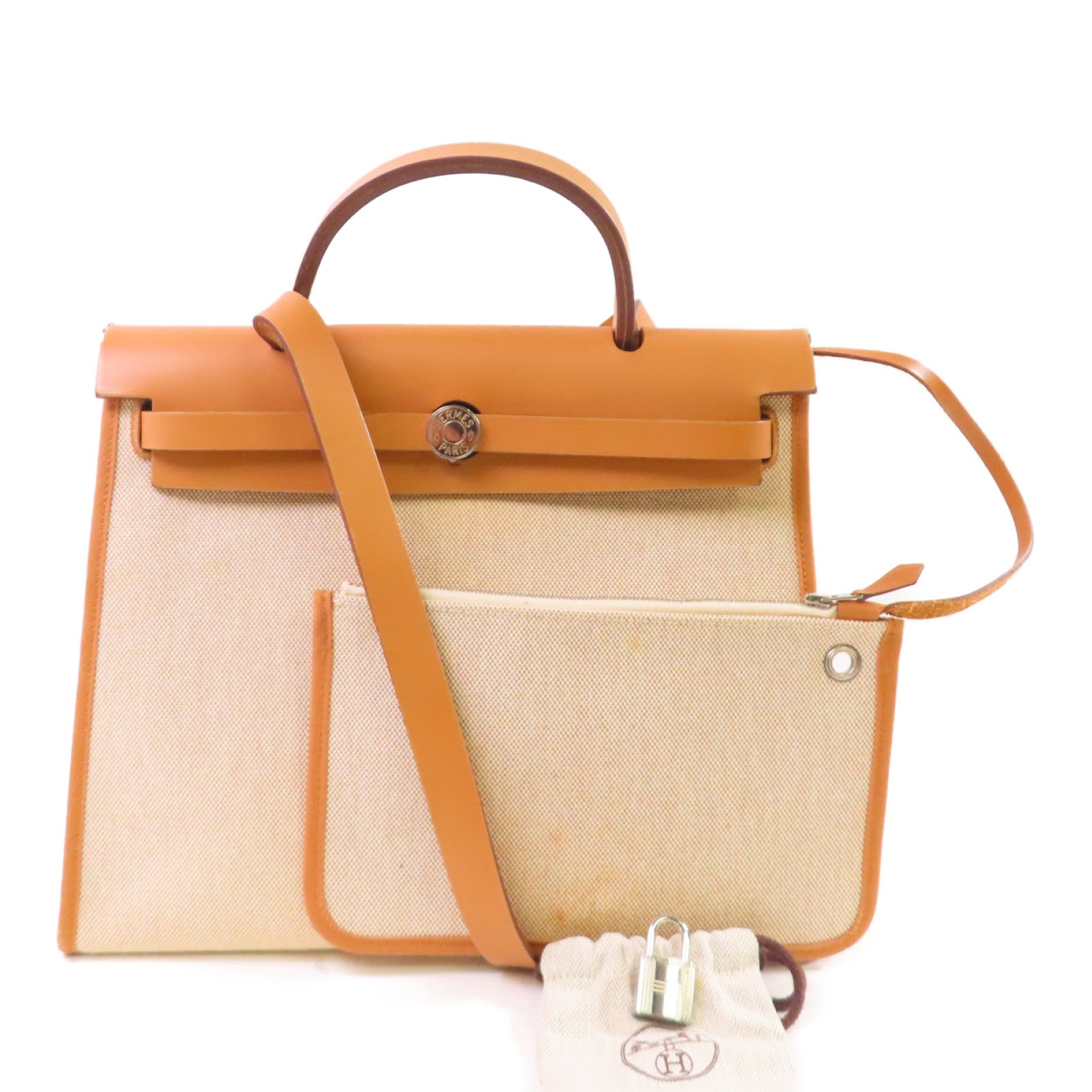 HERMES Toile-H帆布Herbag TPM 2Way Shoulder Bag銀扣手挽肩背兩用袋Beton冰川白色