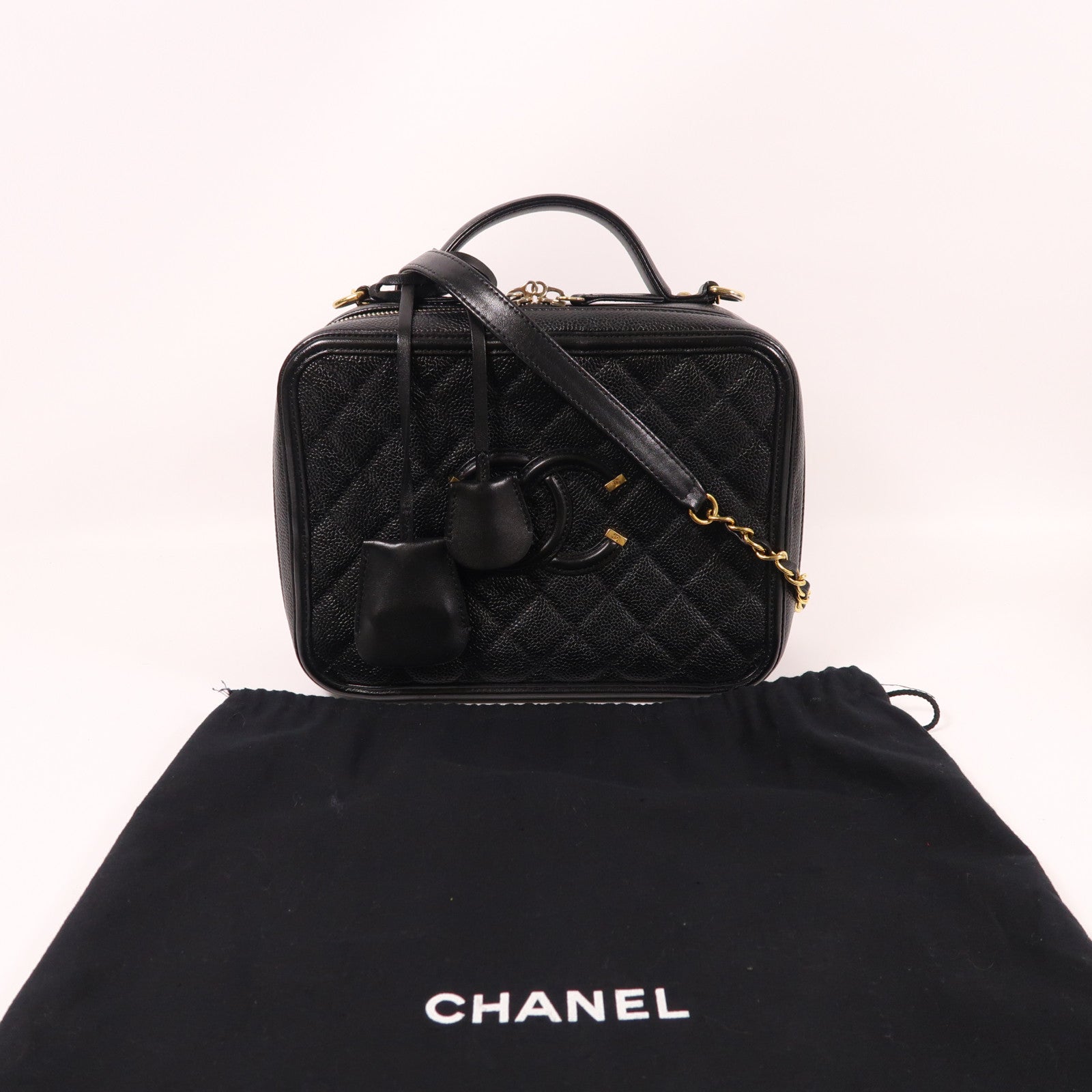 CHANEL CC GHW Filigree Vanity Case 2 Way Bag A93344 Calfskin Leather