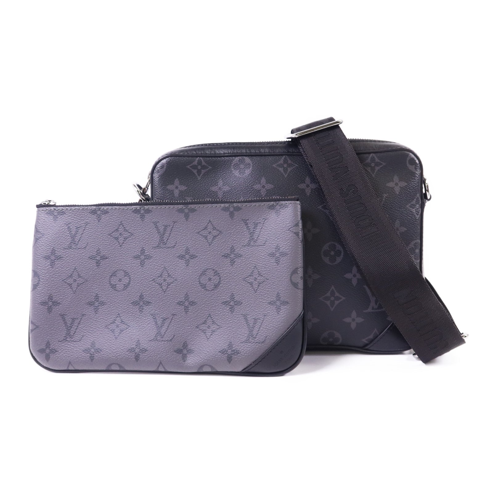 LOUIS VUITTON Monogram Eclipse Reverse Trio Messenger銀扣肩背袋灰色
