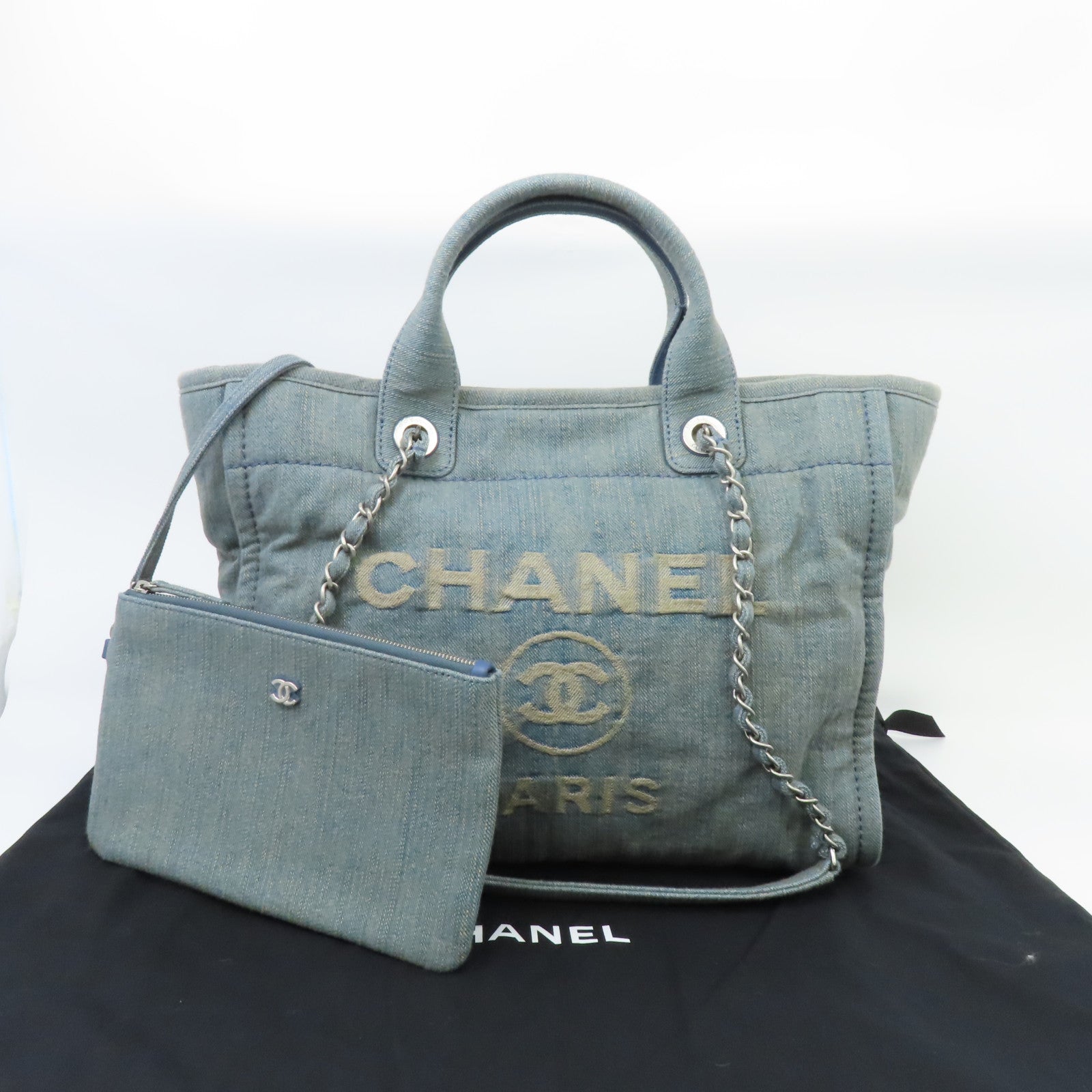 CHANEL 【激減優惠】牛仔布Deauville Tote銀扣手挽肩背兩用袋藍色