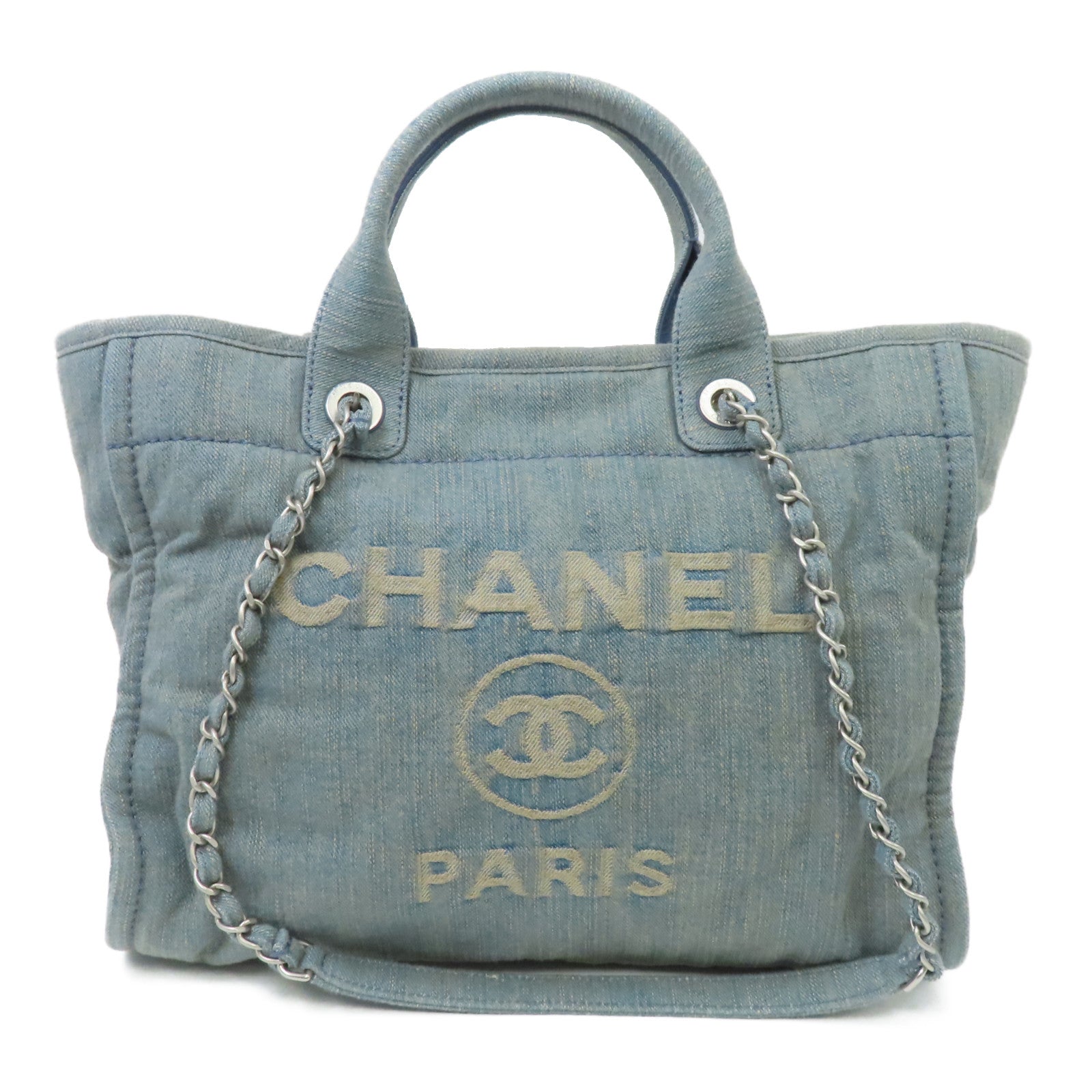 CHANEL 【激減優惠】牛仔布Deauville Tote銀扣手挽肩背兩用袋藍色