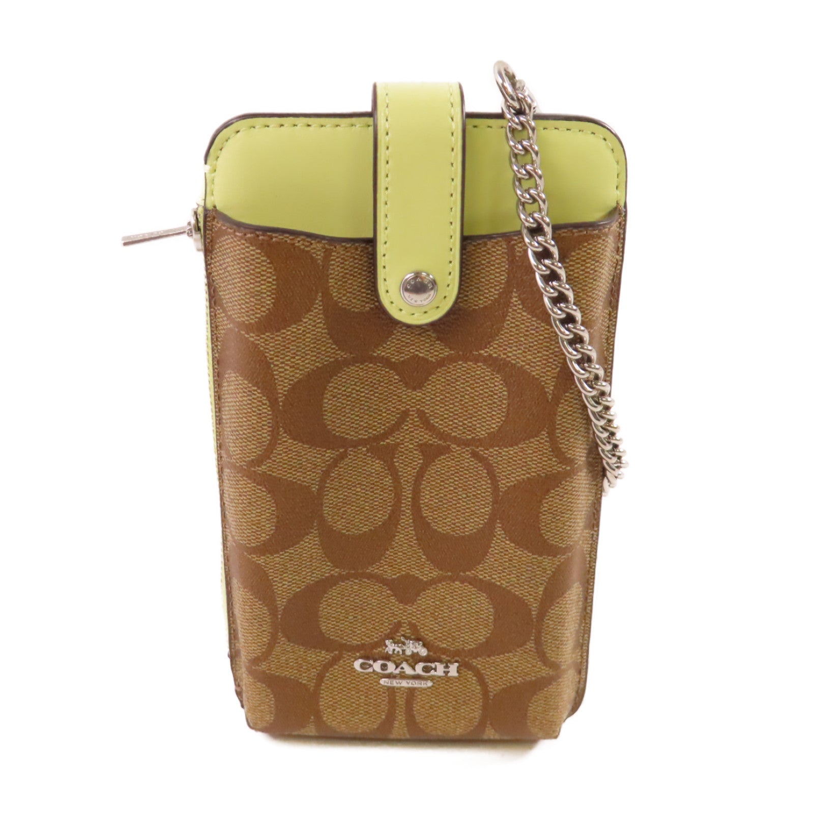 COACH 塗層帆布Phone Case Shoulder Bag銀扣肩背袋啡色/綠色