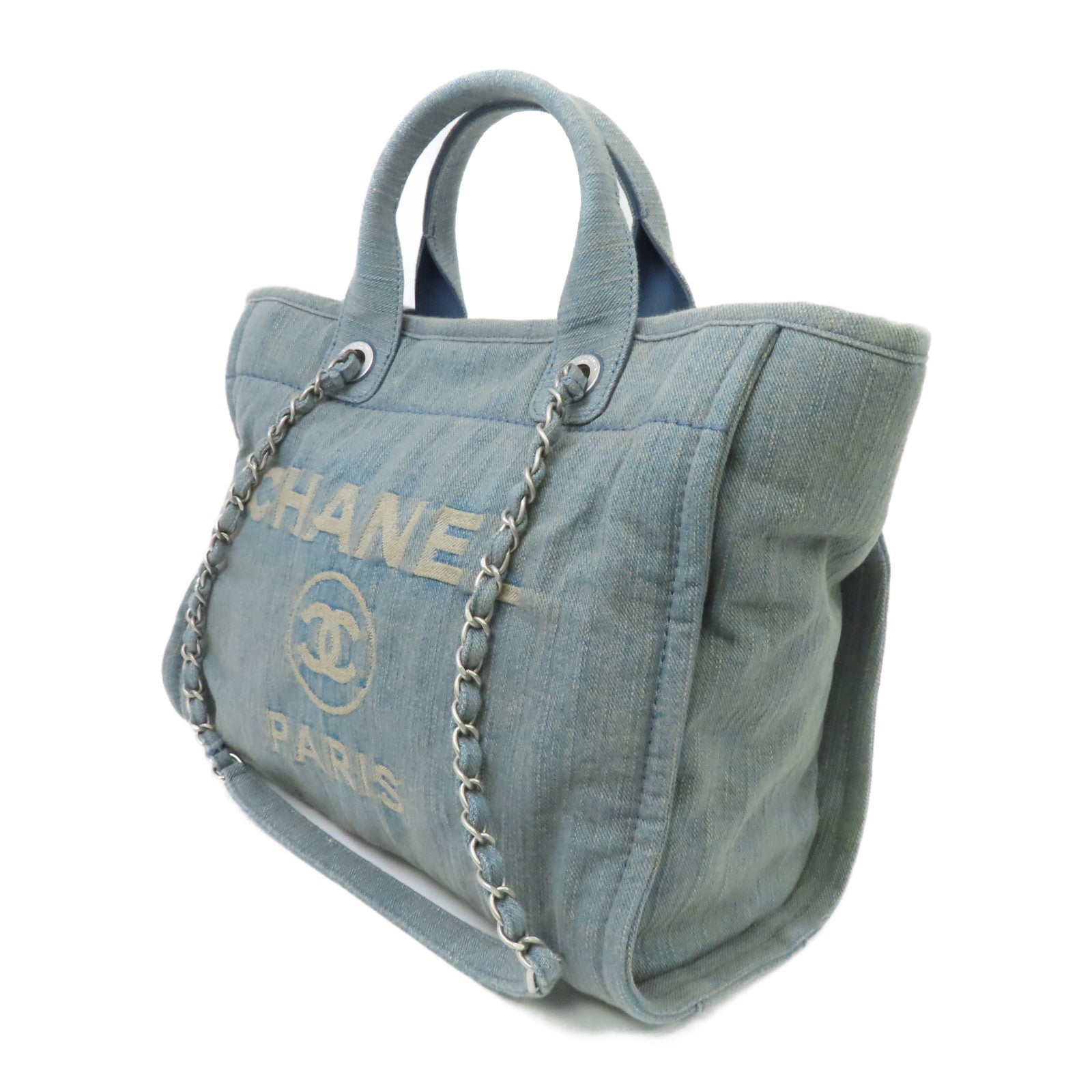 CHANEL 【激減優惠】牛仔布Deauville Tote銀扣手挽肩背兩用袋藍色