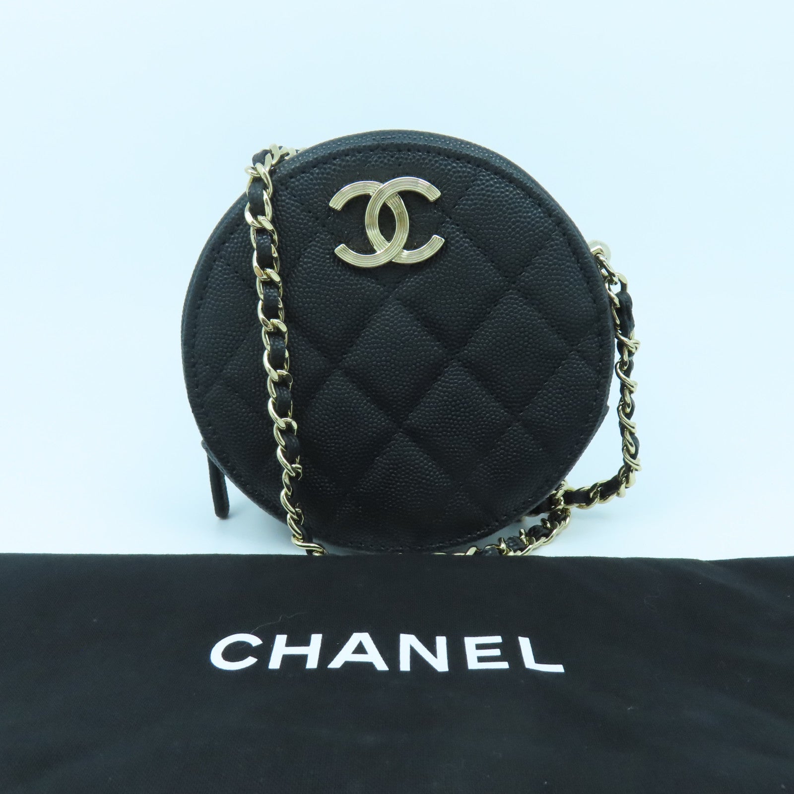 CHANEL 【激減優惠】菱格Caviar皮革Round Chain Shoulder Bag金扣鏈帶肩背袋黑色