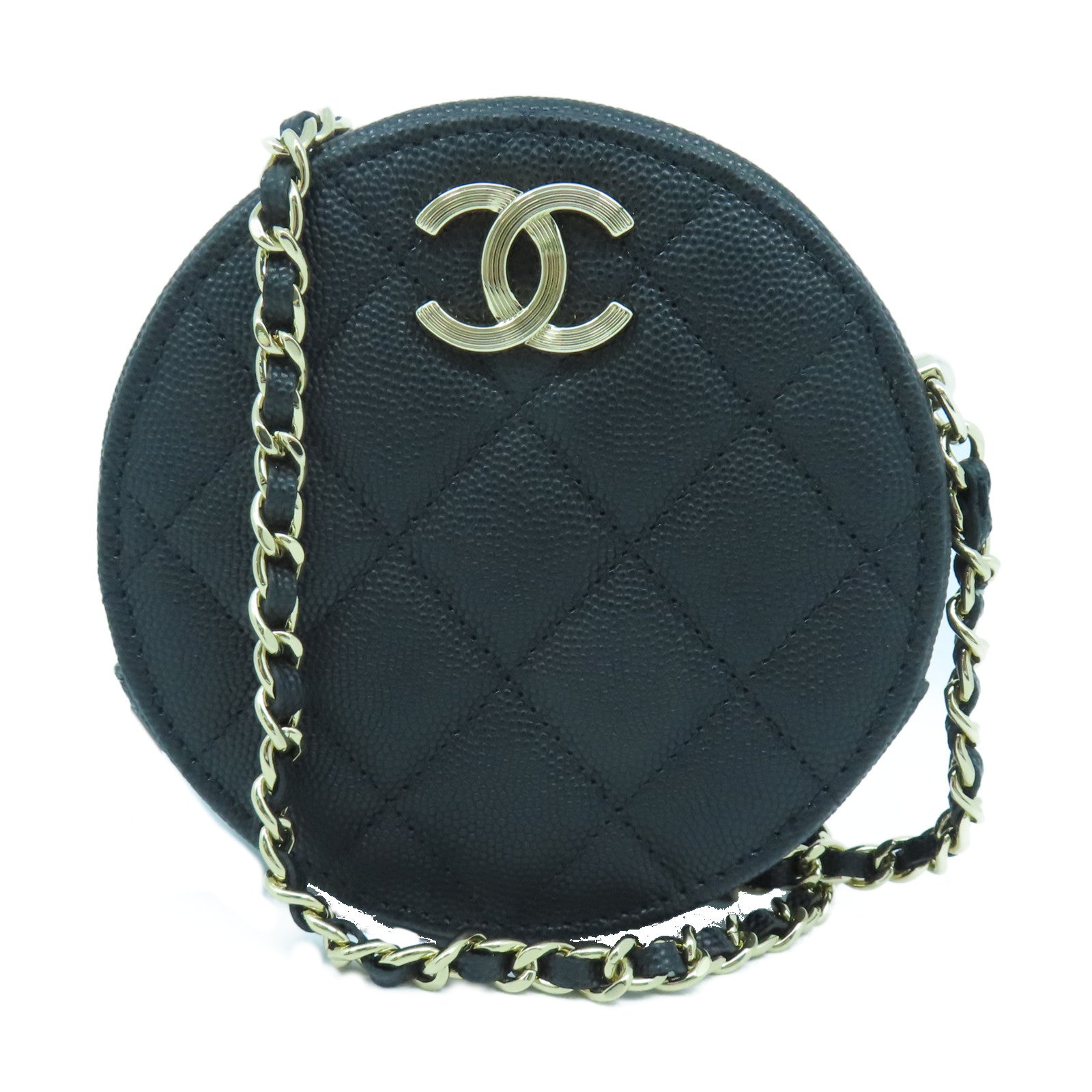 CHANEL 【激減優惠】菱格Caviar皮革Round Chain Shoulder Bag金扣鏈帶肩背袋黑色