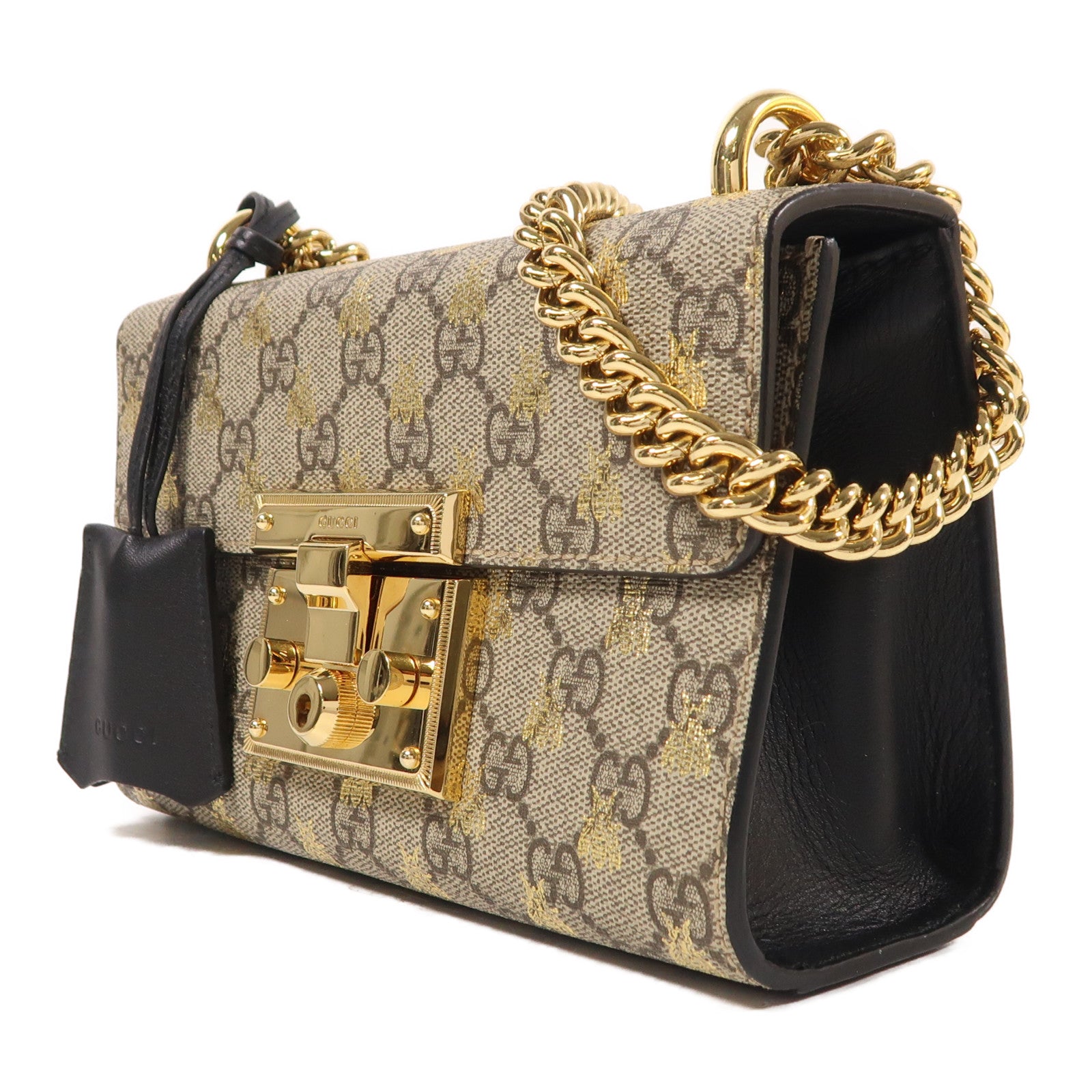 GUCCI 塗層帆布/牛皮皮革Padlock Small金扣鏈帶肩背袋