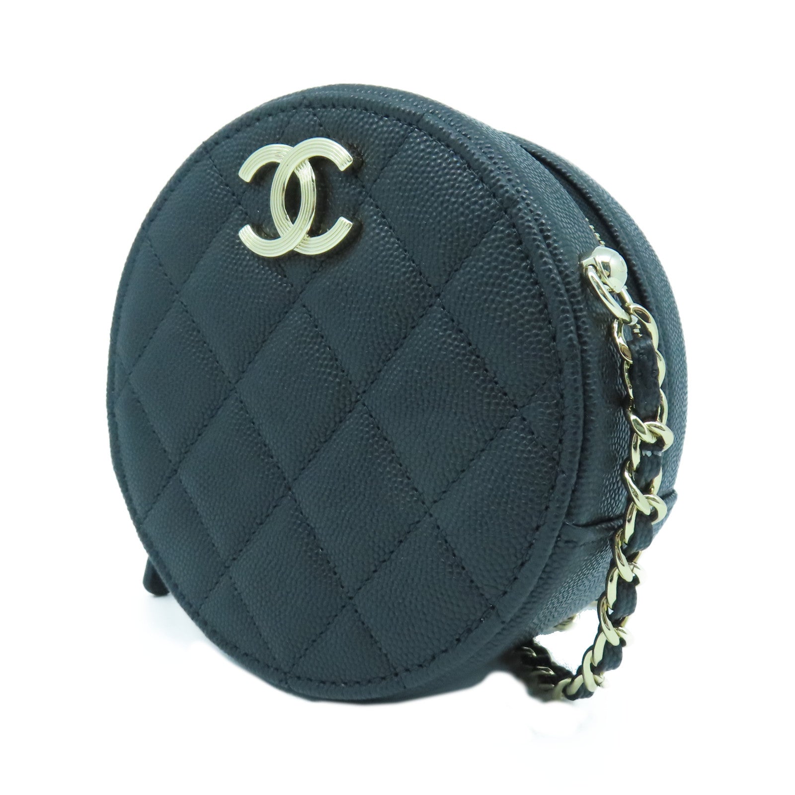 CHANEL 【激減優惠】菱格Caviar皮革Round Chain Shoulder Bag金扣鏈帶肩背袋黑色