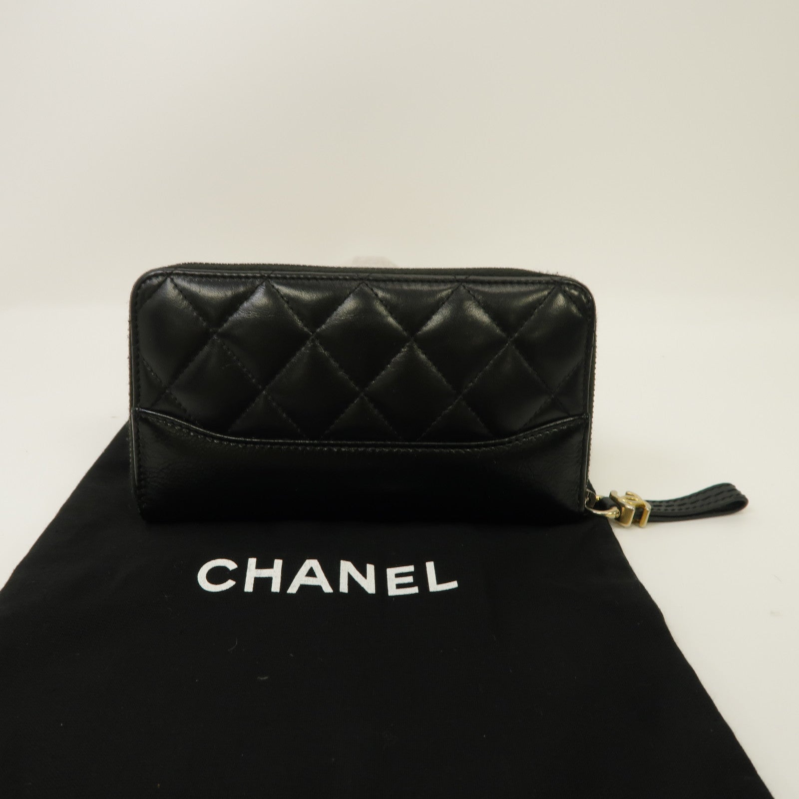 CHANEL 菱格牛皮皮革Gabrielle Wallet金扣拉鍊錢包黑色
