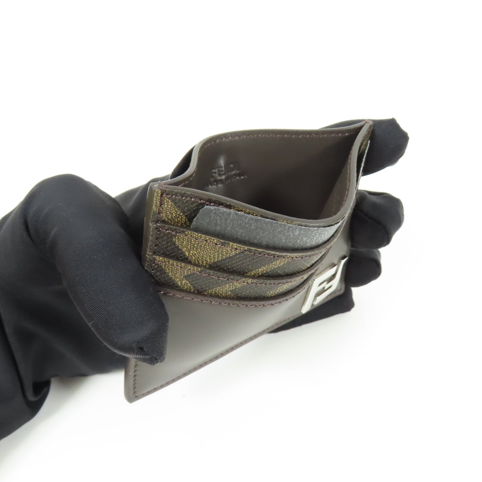 FENDI 牛皮皮革/塗層帆布FF Squared Card Holder銀扣卡片套