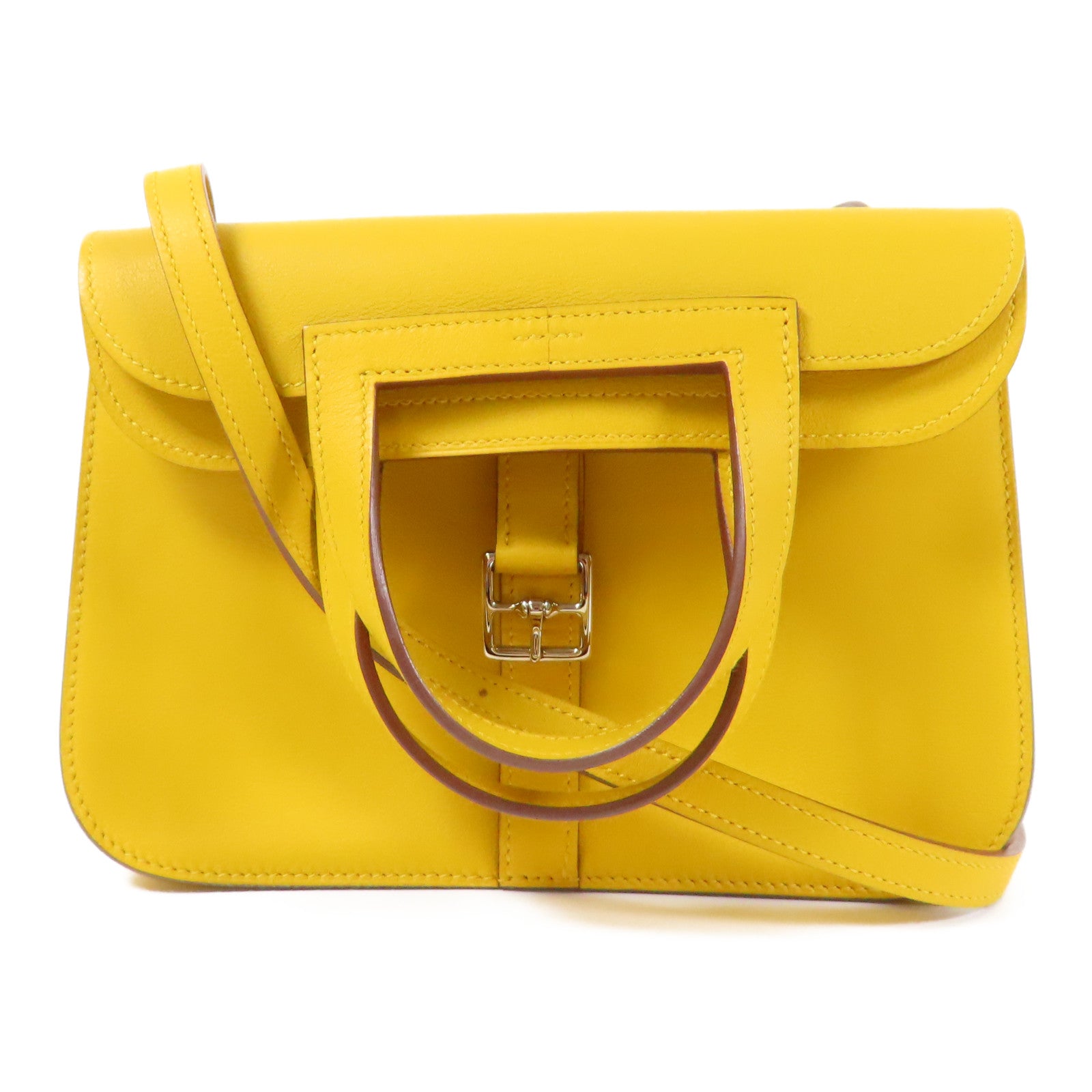 HERMES Swift皮革Mini Halzan銀扣手挽肩背兩用袋Jaune Ambre
