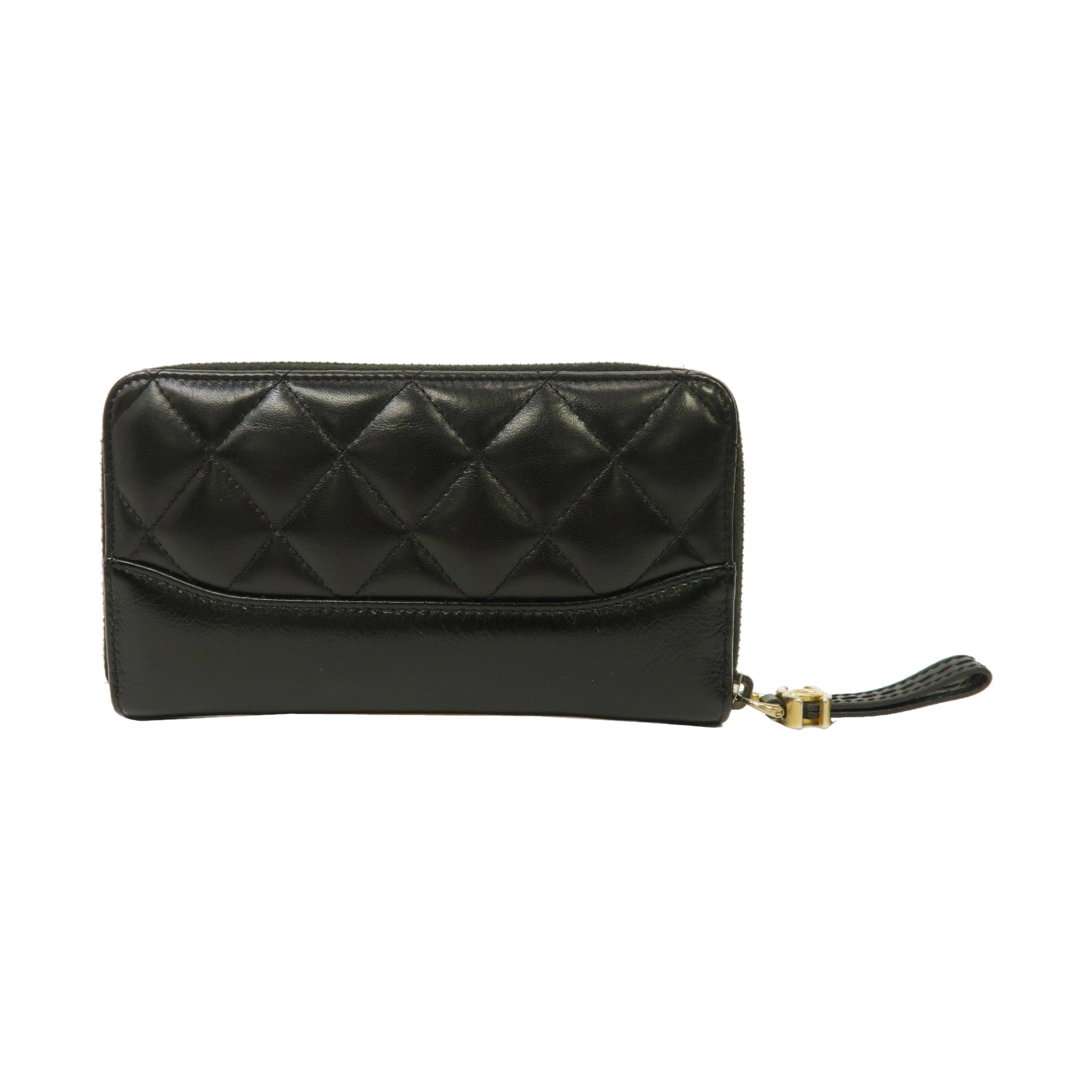 CHANEL 菱格牛皮皮革Gabrielle Wallet金扣拉鍊錢包黑色