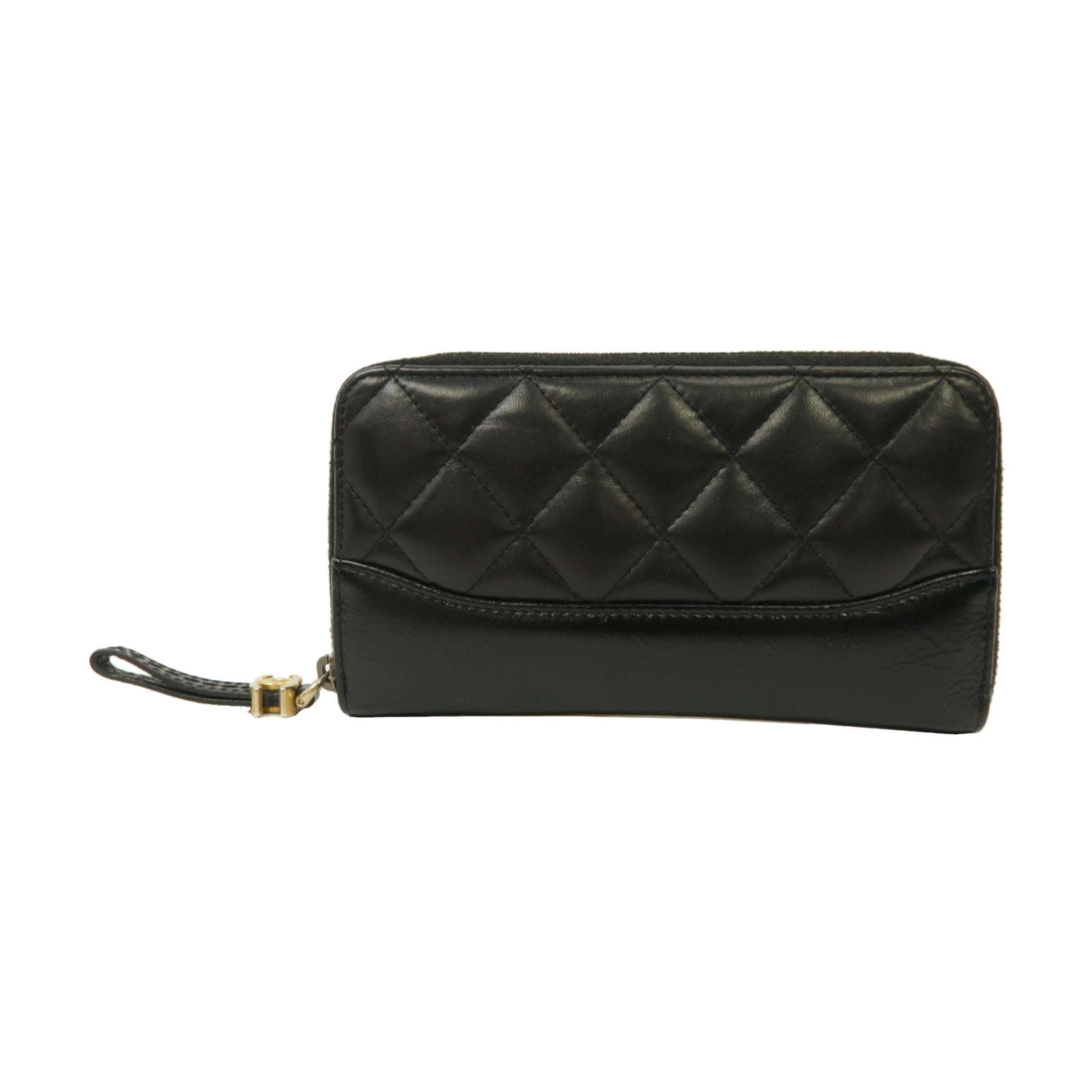 CHANEL 菱格牛皮皮革Gabrielle Wallet金扣拉鍊錢包黑色