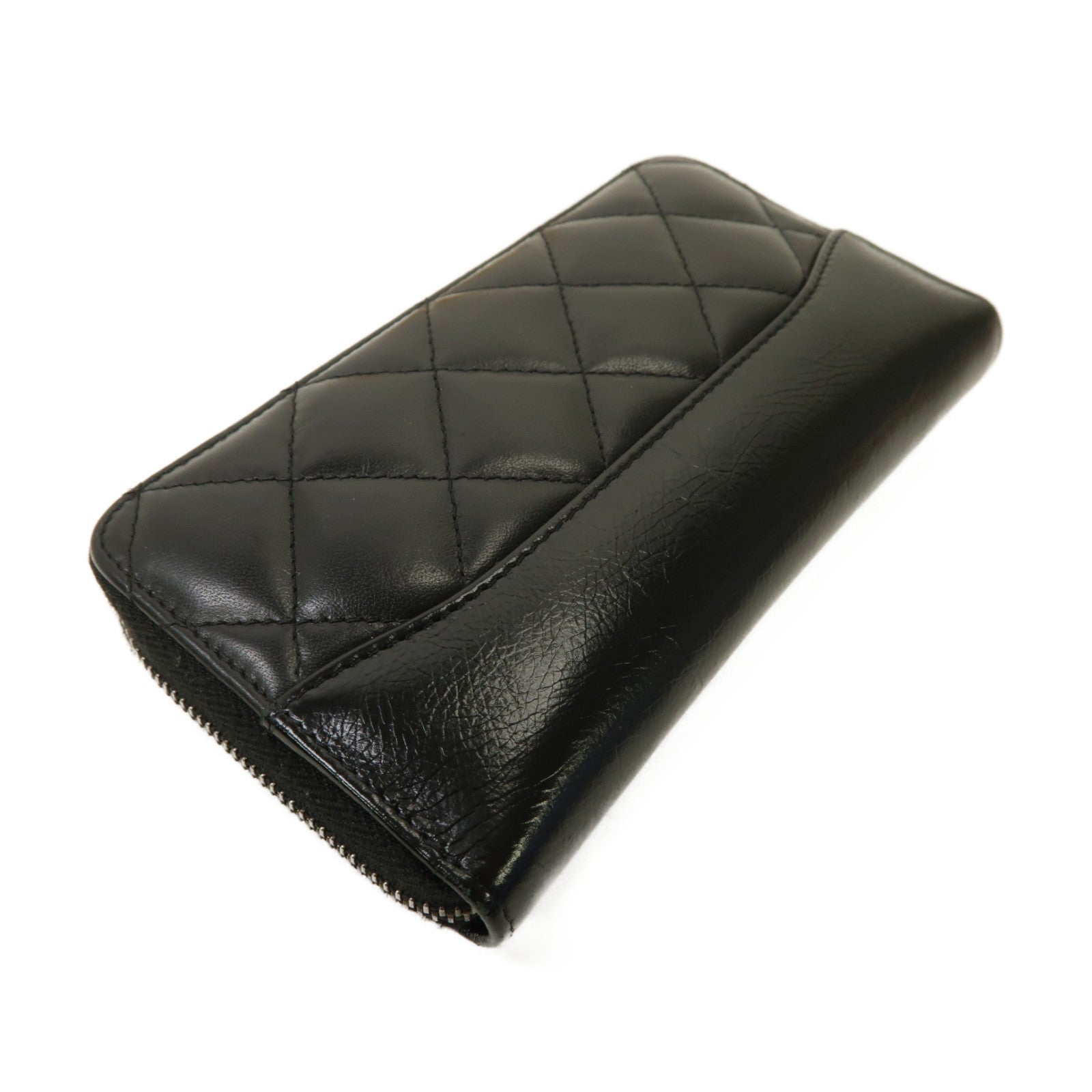 CHANEL 菱格牛皮皮革Gabrielle Wallet金扣拉鍊錢包黑色