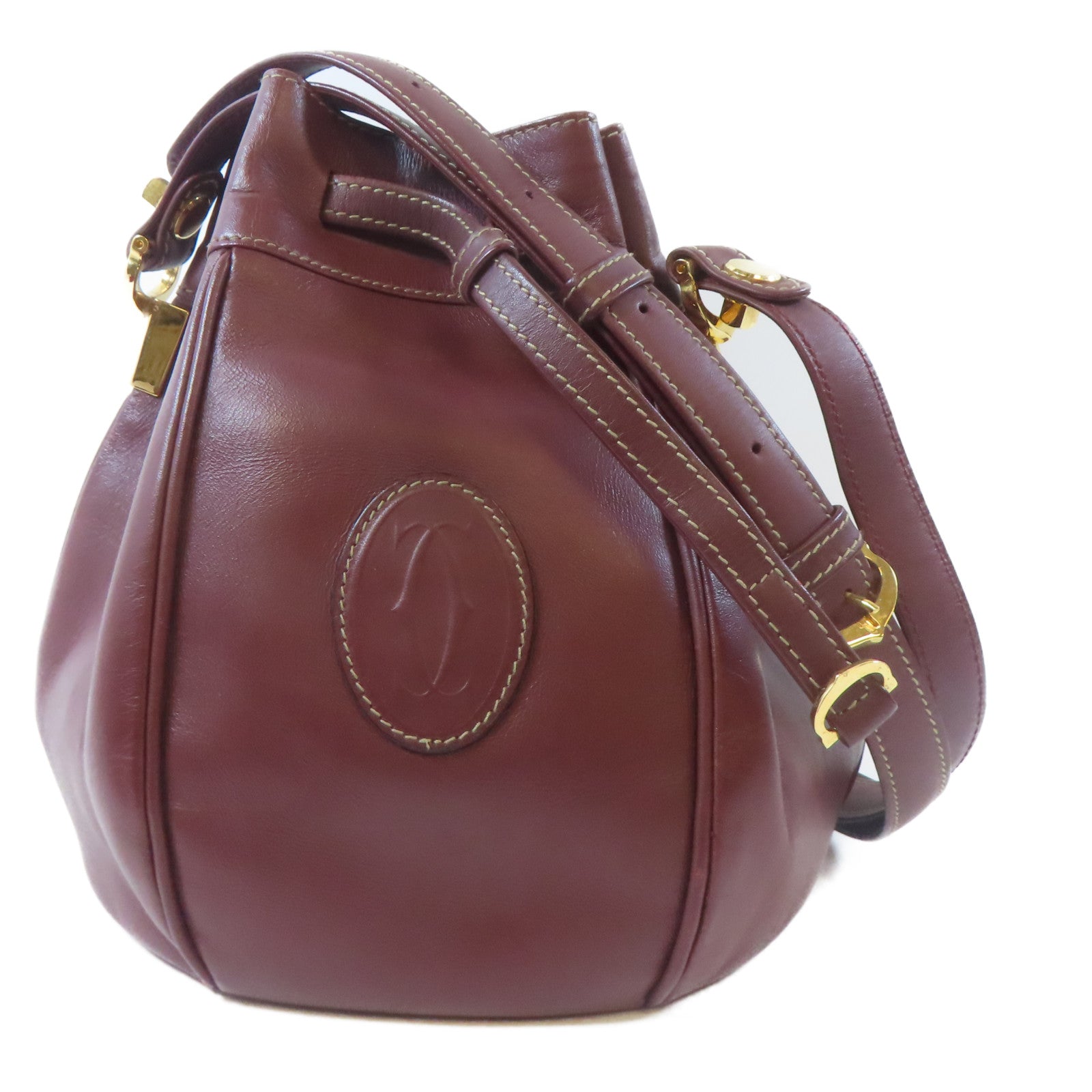 CARTIER 牛皮皮革Bucket Bag金扣肩背袋啡紅色