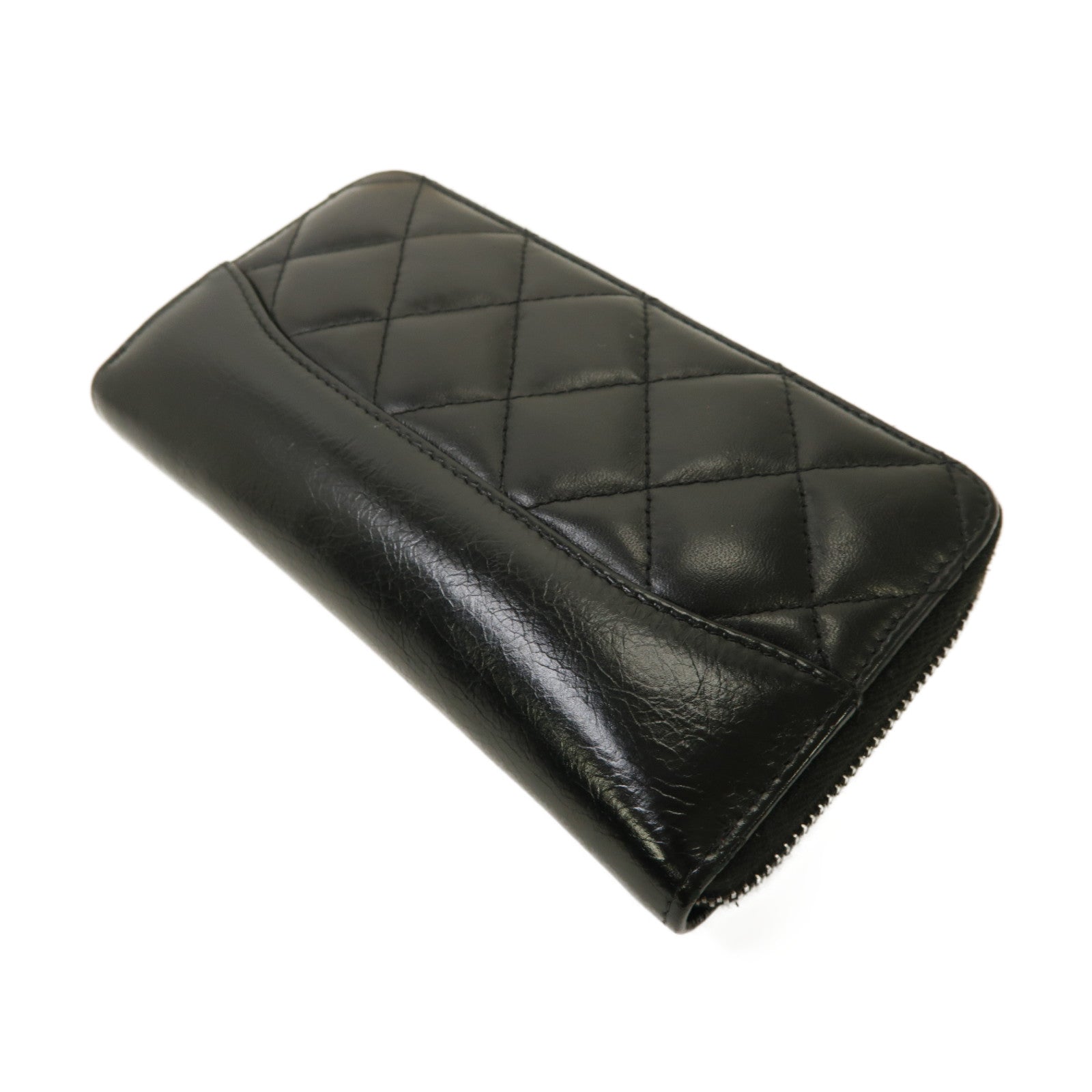 CHANEL 菱格牛皮皮革Gabrielle Wallet金扣拉鍊錢包黑色