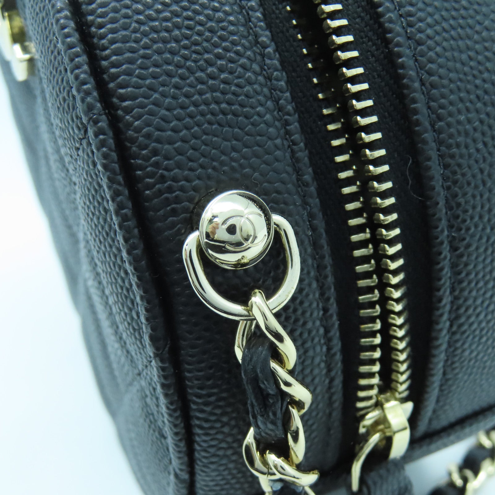 CHANEL 【激減優惠】菱格Caviar皮革Round Chain Shoulder Bag金扣鏈帶肩背袋黑色