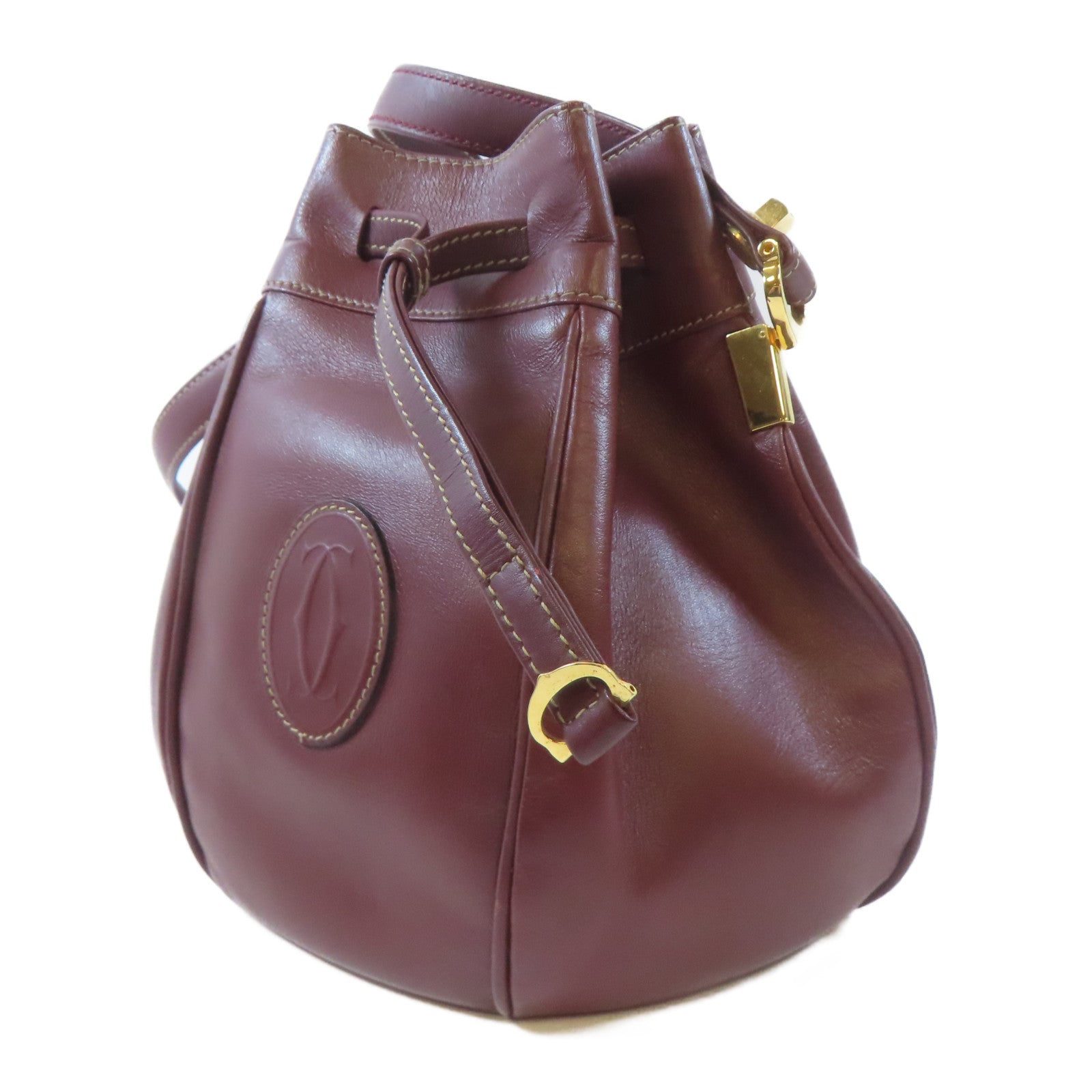 CARTIER 牛皮皮革Bucket Bag金扣肩背袋啡紅色
