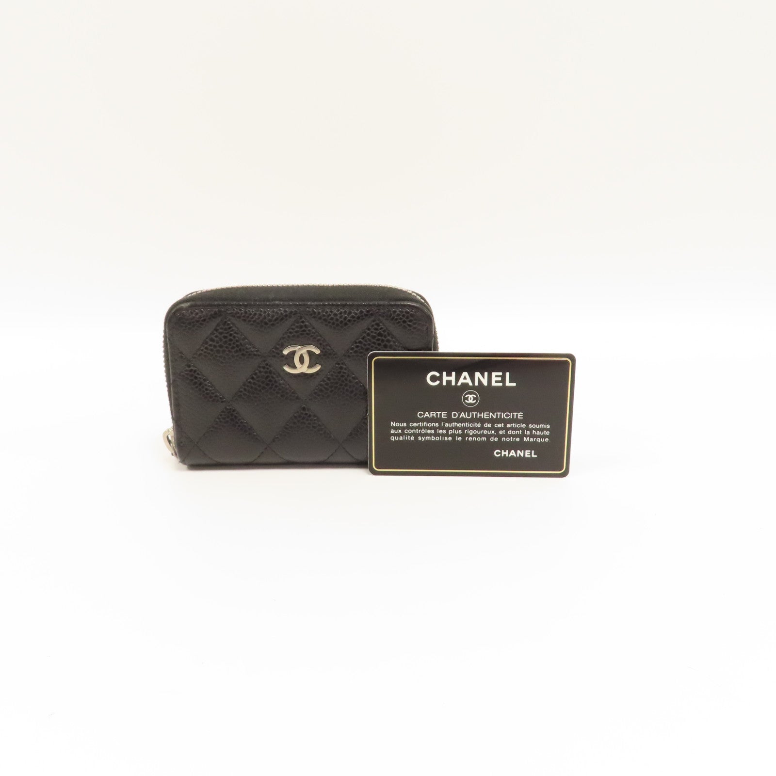 CHANEL 菱格牛皮皮革Coin Case銀扣零錢包黑色