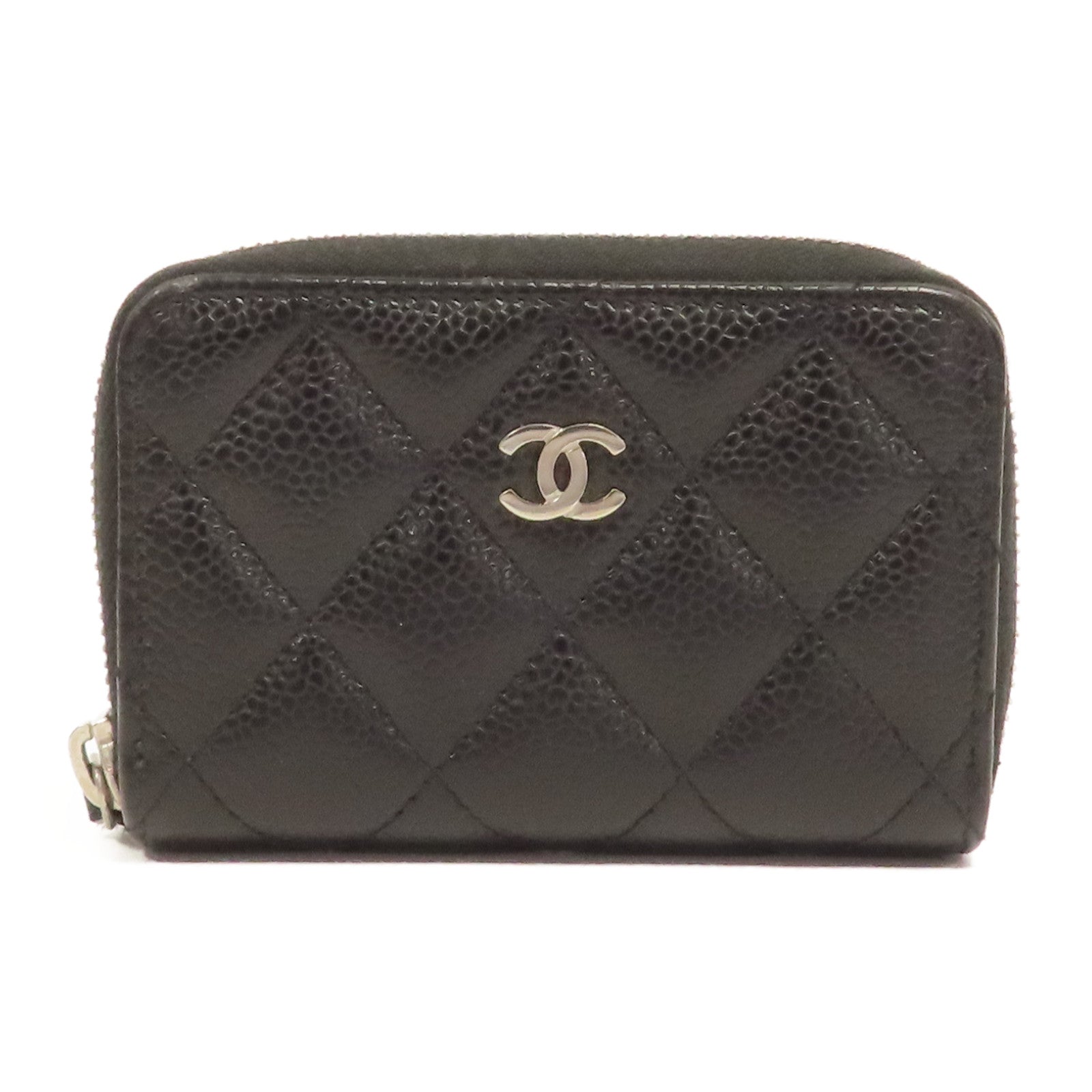 CHANEL 菱格牛皮皮革Coin Case銀扣零錢包黑色