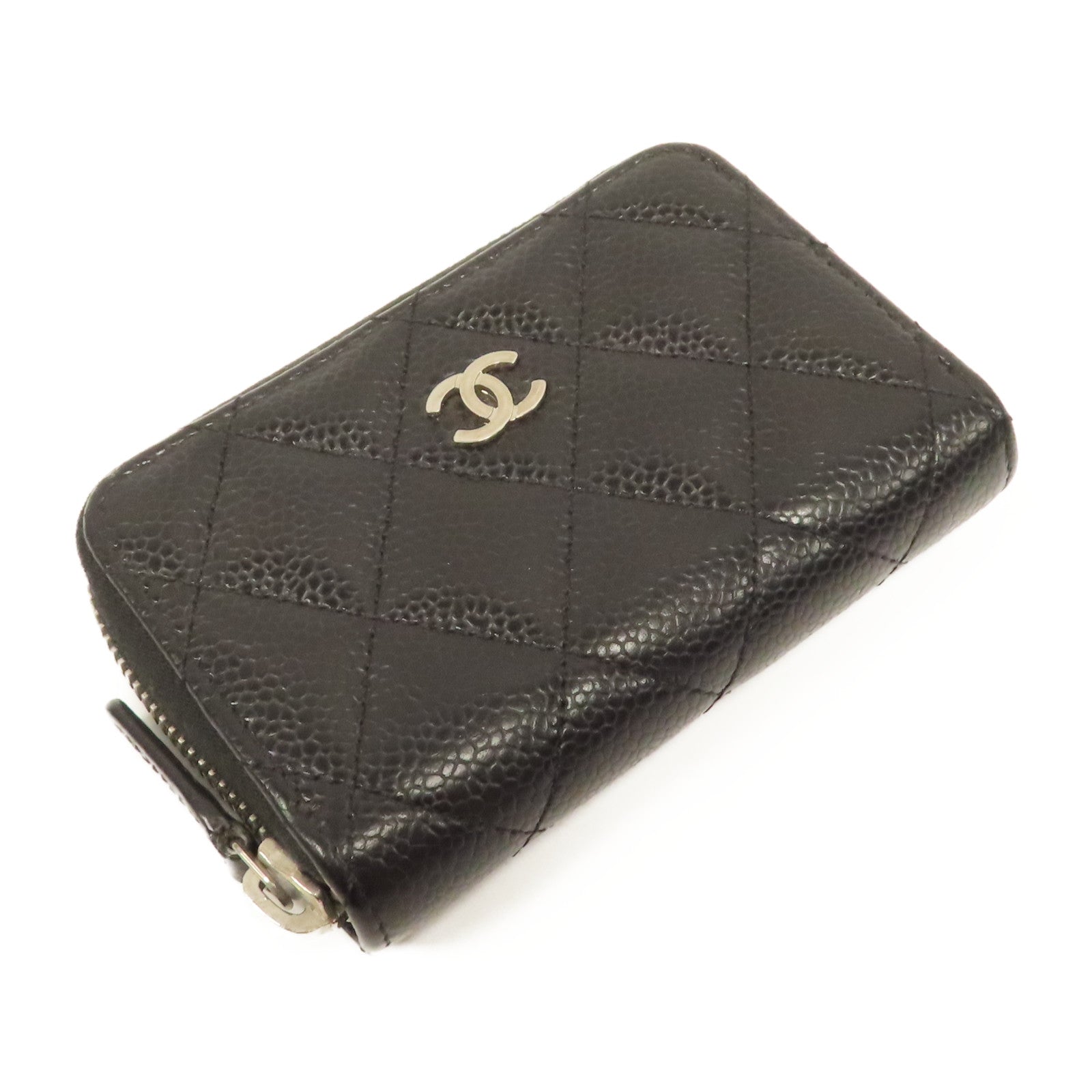 CHANEL 菱格牛皮皮革Coin Case銀扣零錢包黑色