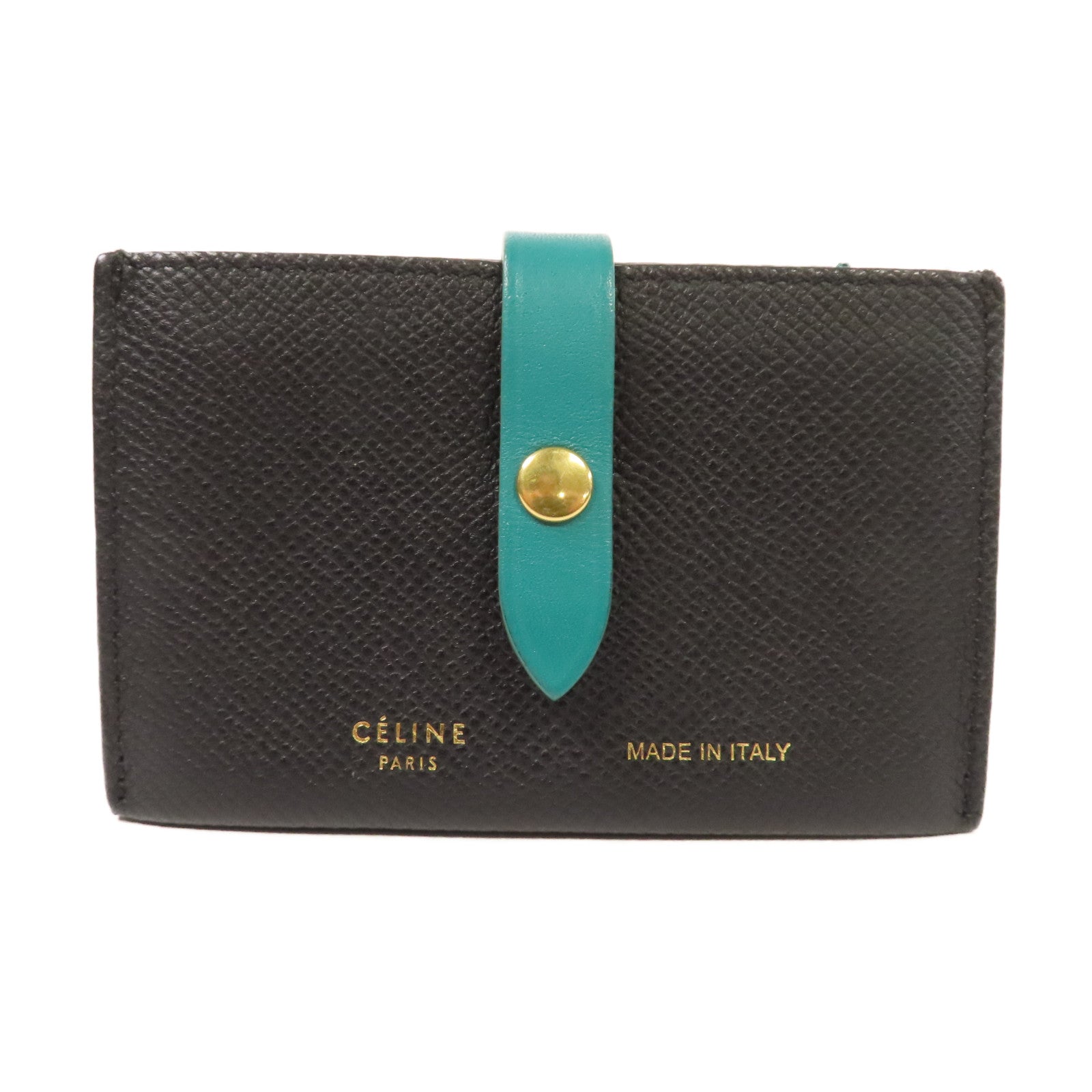 CELINE 牛皮皮革Card Holder金扣卡片套黑色/綠色