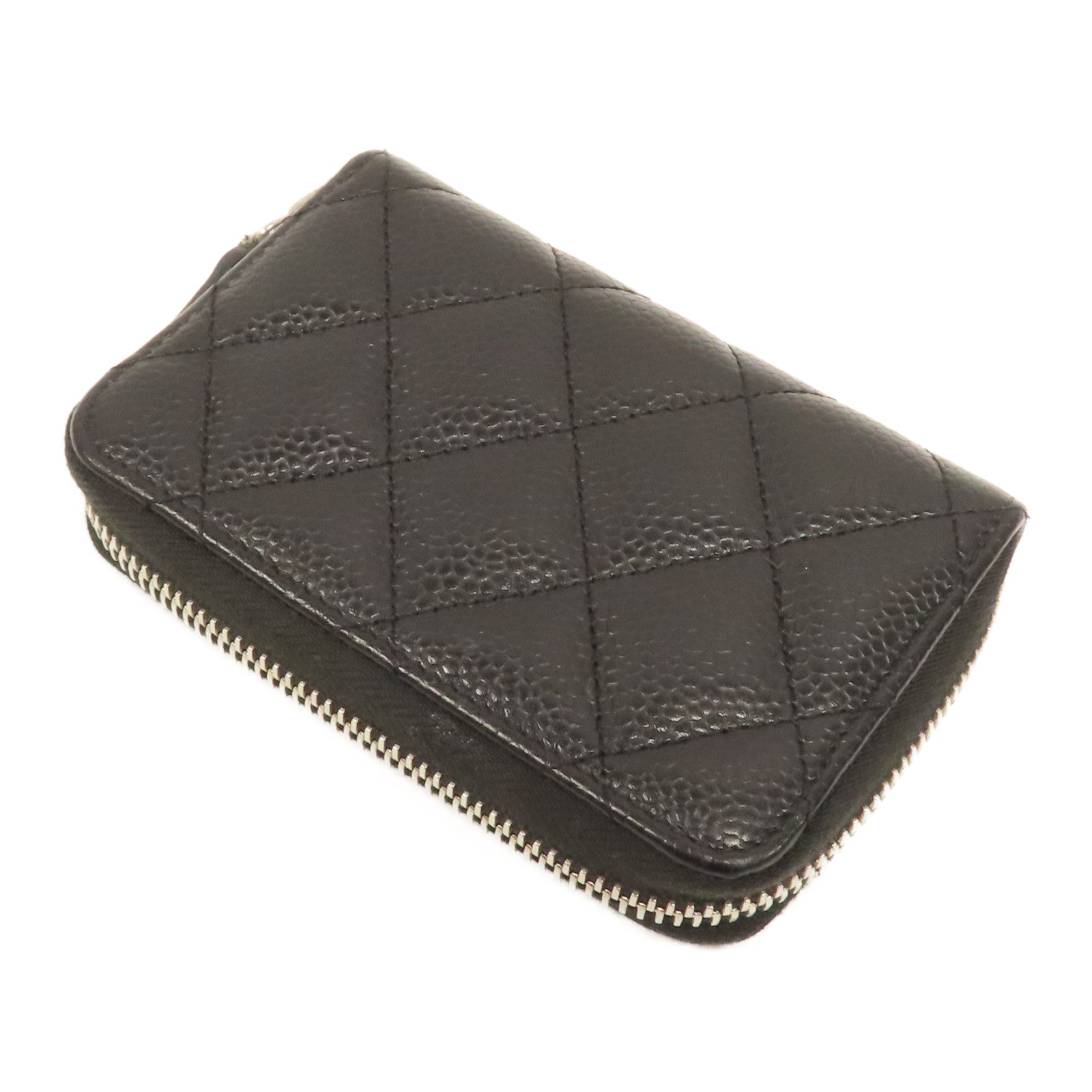 CHANEL 菱格牛皮皮革Coin Case銀扣零錢包黑色